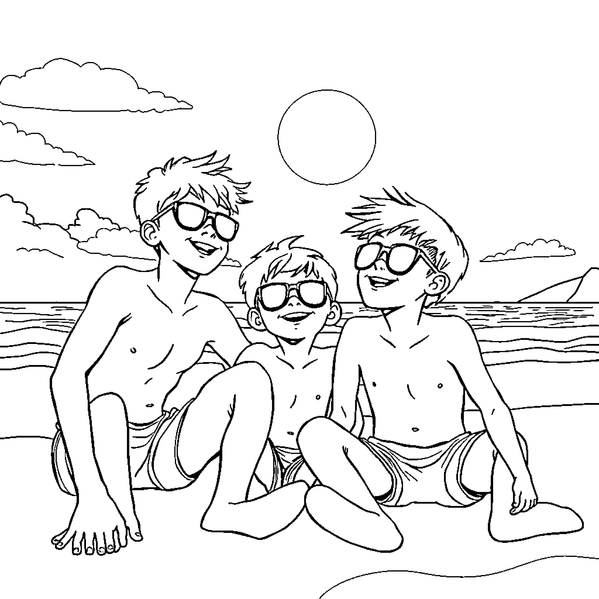 Boy Trio Enjoying Beach Outing Coloring Page (free black-and-white line drawing printable PDF for all, from beginners to advanced learners, including children, teens, adults, and seniors)