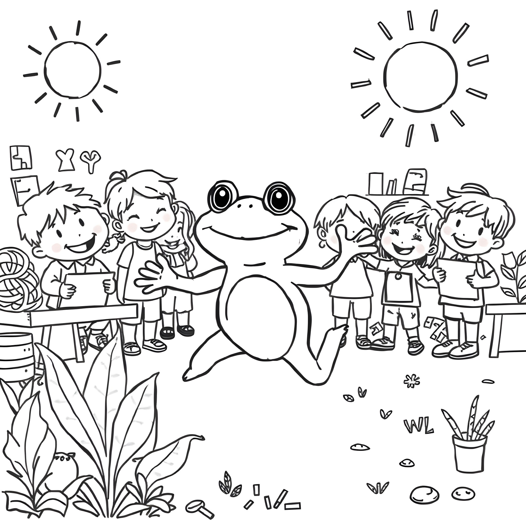 Frog and happy children in the classroom Coloring Page (free black-and-white line drawing printable PDF for all, from beginners to advanced learners, including children, teens, adults, and seniors)