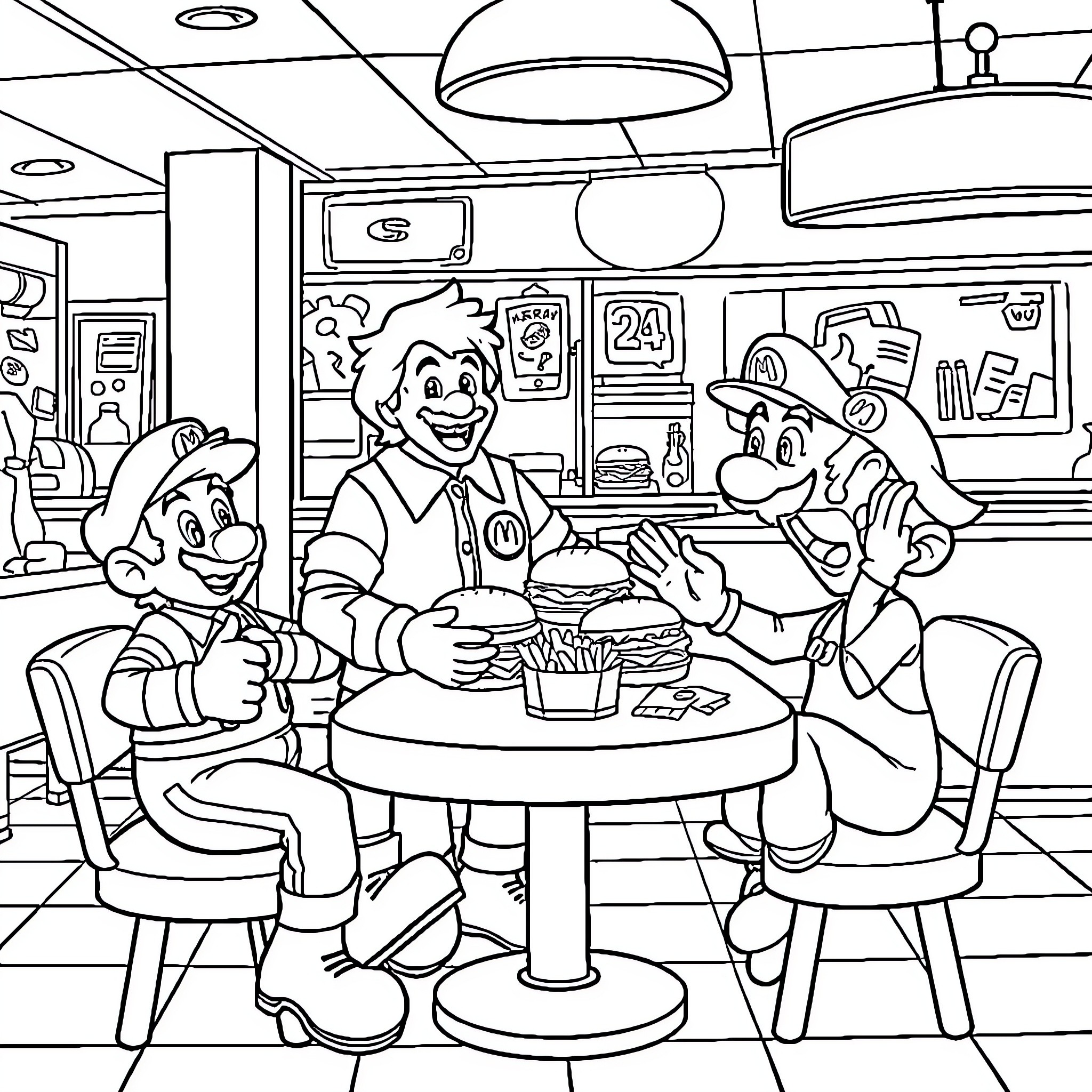 Ronald McDonald enjoying a meal with friends Coloring Page (free black-and-white line drawing printable PDF for all, from beginners to advanced learners, including children, teens, adults, and seniors)
