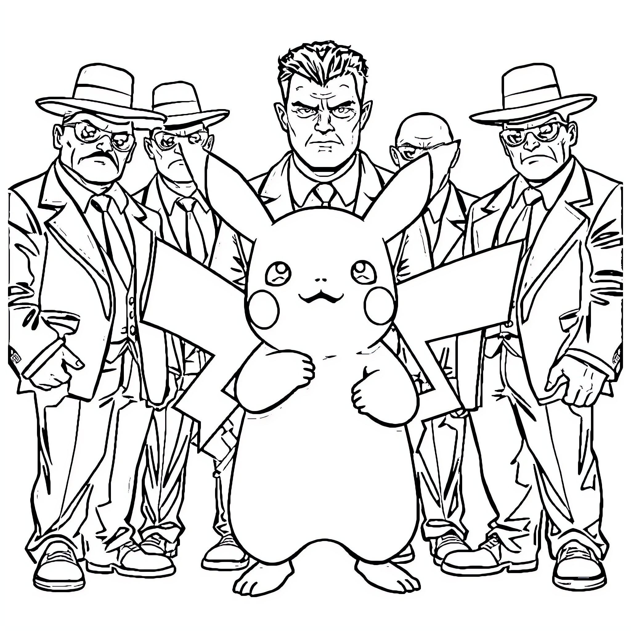 Pikachu surrounded by stern-looking gentlemen in suits Coloring Page (free black-and-white line drawing printable PDF for all, from beginners to advanced learners, including children, teens, adults, and seniors)