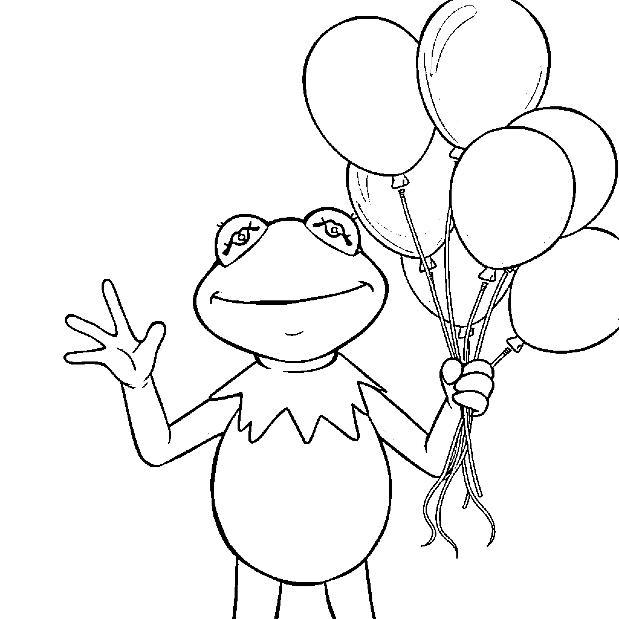 Kermit celebrating with balloons Coloring Page (free black-and-white line drawing printable PDF for all, from beginners to advanced learners, including children, teens, adults, and seniors)