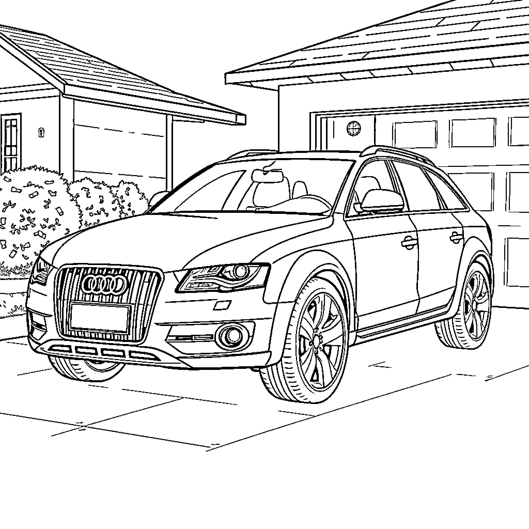 Audi SUV parked in front of residential home Coloring Page (free black-and-white line drawing printable PDF for all, from beginners to advanced learners, including children, teens, adults, and seniors)