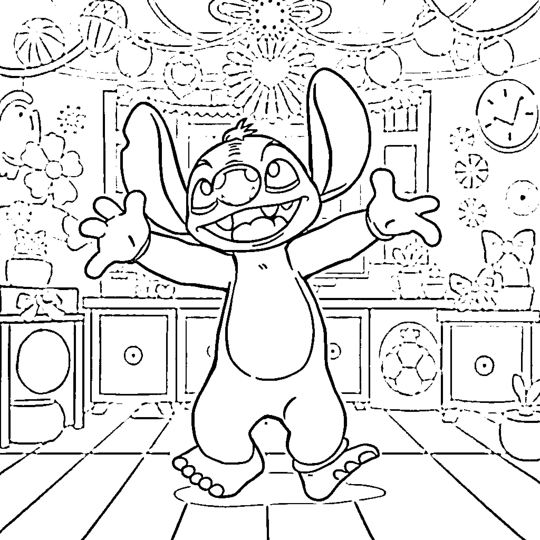 Stitch dancing joyfully in a colorful room Coloring Page (free black-and-white line drawing printable PDF for all, from beginners to advanced learners, including children, teens, adults, and seniors)