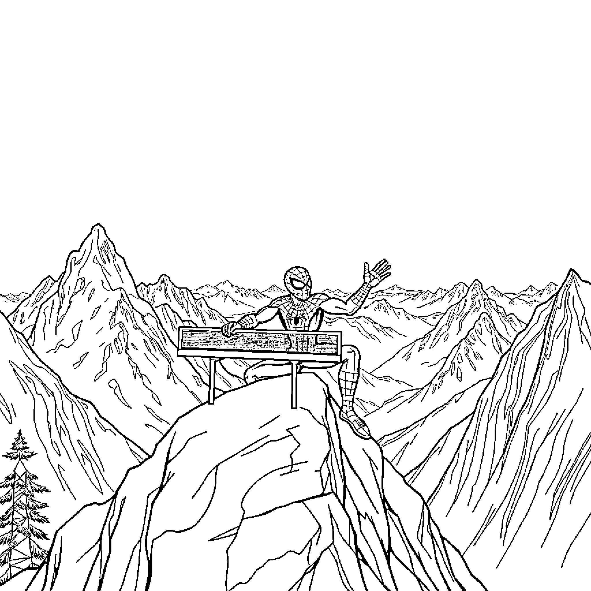 Spiderman's daring mountain rescue mission Coloring Page (free black-and-white line drawing printable PDF for all, from beginners to advanced learners, including children, teens, adults, and seniors)
