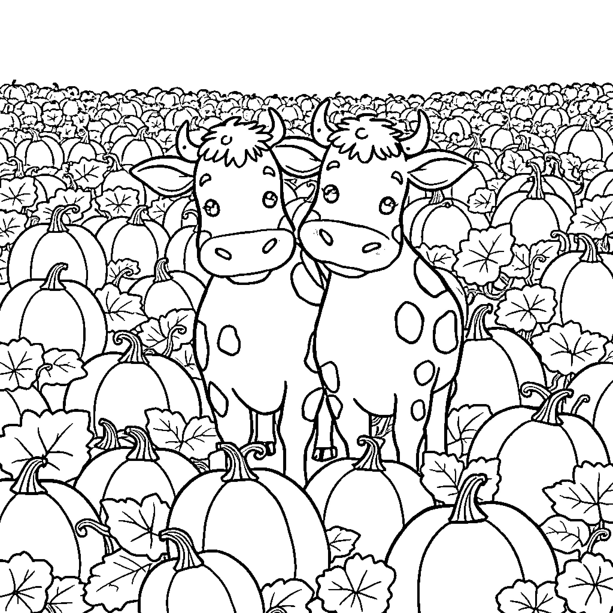 Cows enjoying a field of pumpkins and flowers Coloring Page (free black-and-white line drawing printable PDF for all, from beginners to advanced learners, including children, teens, adults, and seniors)