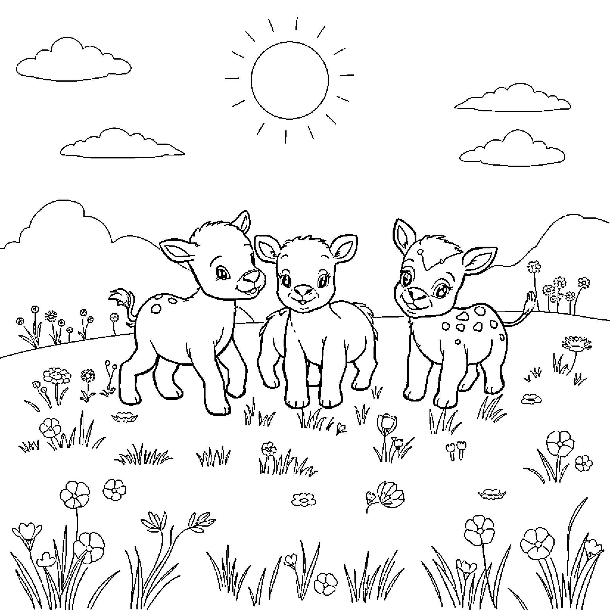 Baby Animals Playing in Sunny Meadow Coloring Page (free black-and-white line drawing printable PDF for all, from beginners to advanced learners, including children, teens, adults, and seniors)