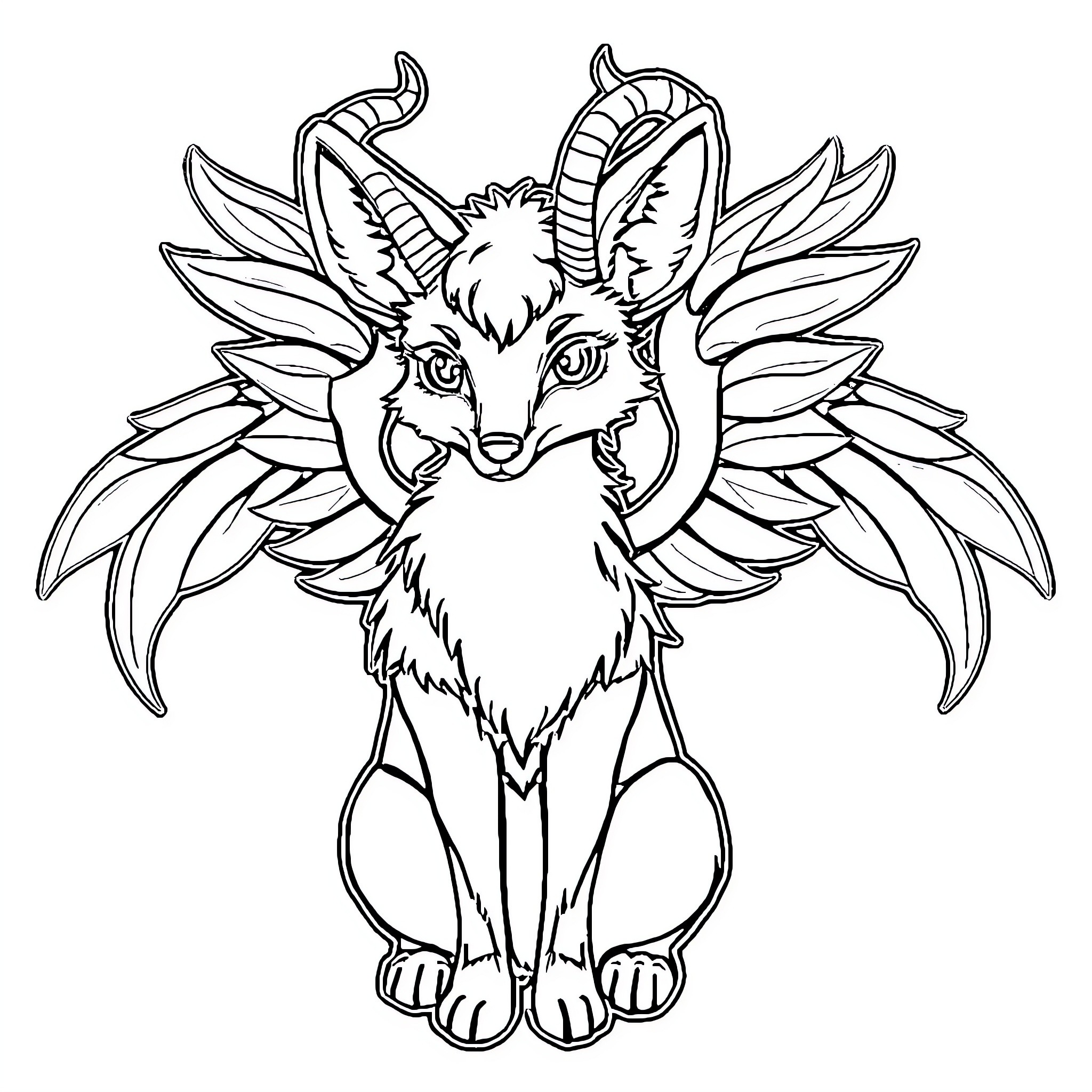 Fox with majestic wings and horns Coloring Page (free black-and-white line drawing printable PDF for all, from beginners to advanced learners, including children, teens, adults, and seniors)