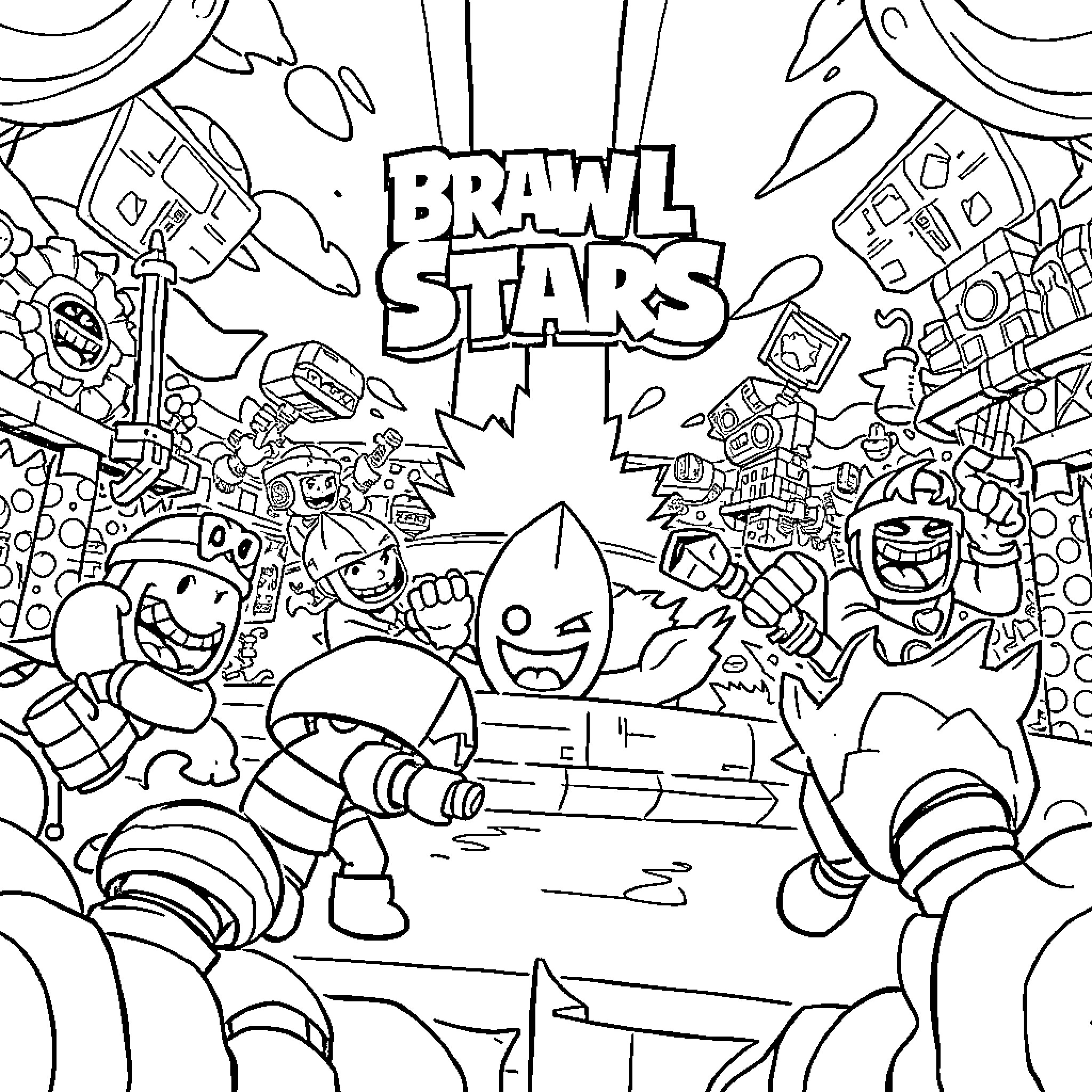 Brawl Stars: Exciting Character Interactions and Battle Scenes Coloring Page (free black-and-white line drawing printable PDF for all, from beginners to advanced learners, including children, teens, adults, and seniors)