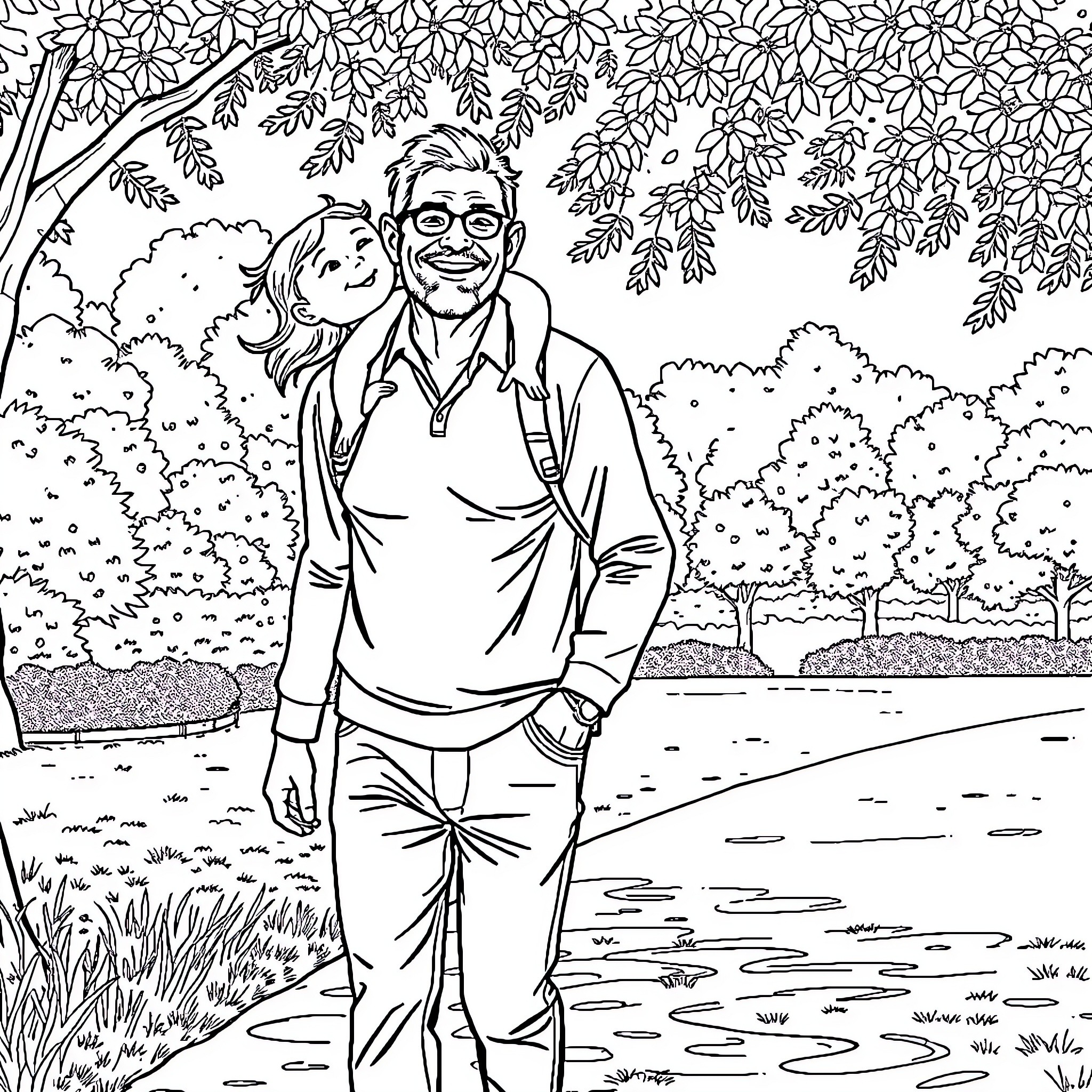Papa and daughter enjoying a peaceful outdoor moment Coloring Page (free black-and-white line drawing printable PDF for all, from beginners to advanced learners, including children, teens, adults, and seniors)