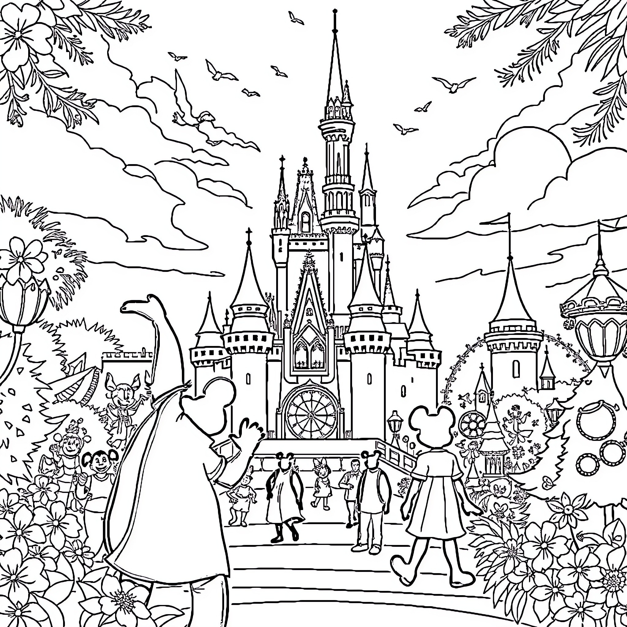 Disney Castle with Magical Landscapes and Fantastical Characters Coloring Page (free black-and-white line drawing printable PDF for all, from beginners to advanced learners, including children, teens, adults, and seniors)