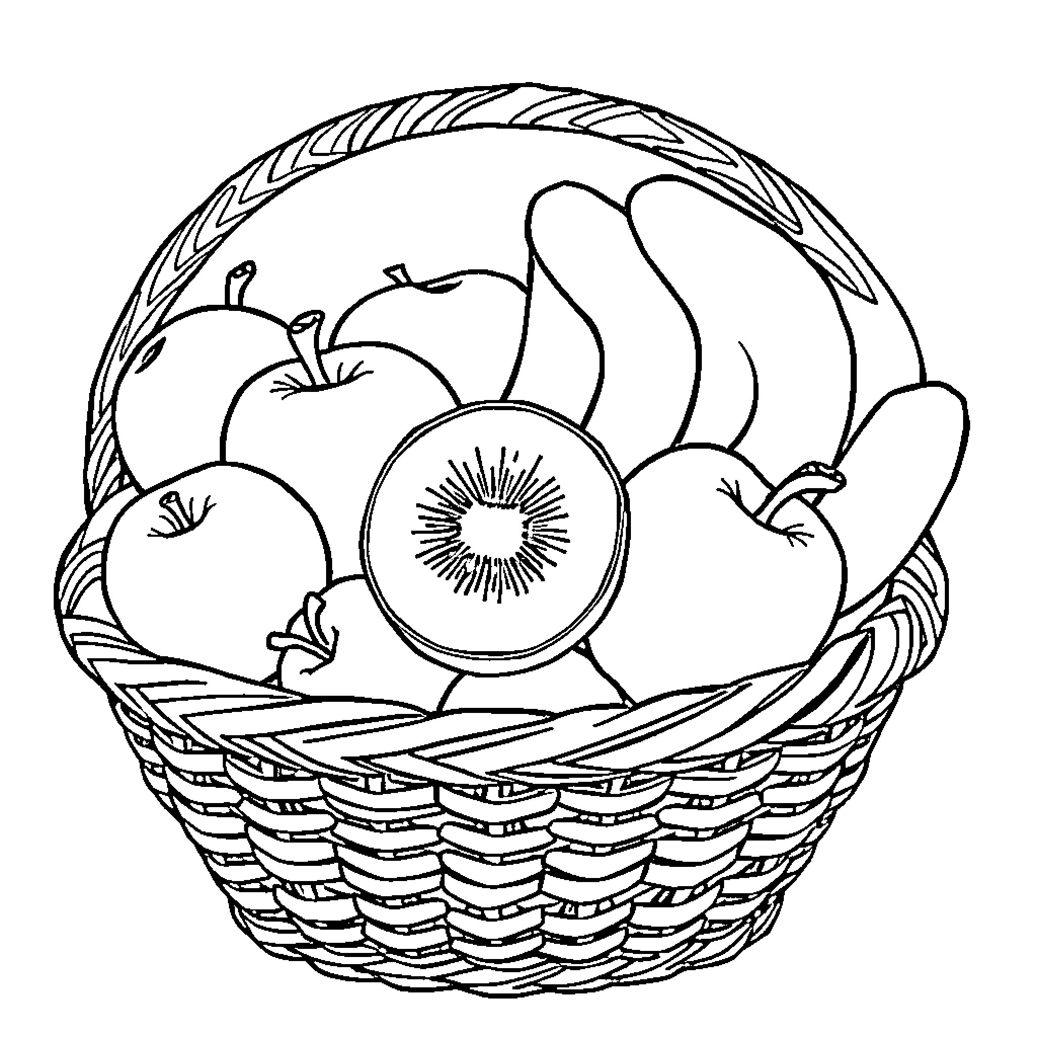 Fruit Basket with Diverse Produce Coloring Page (free black-and-white line drawing printable PDF for all, from beginners to advanced learners, including children, teens, adults, and seniors)