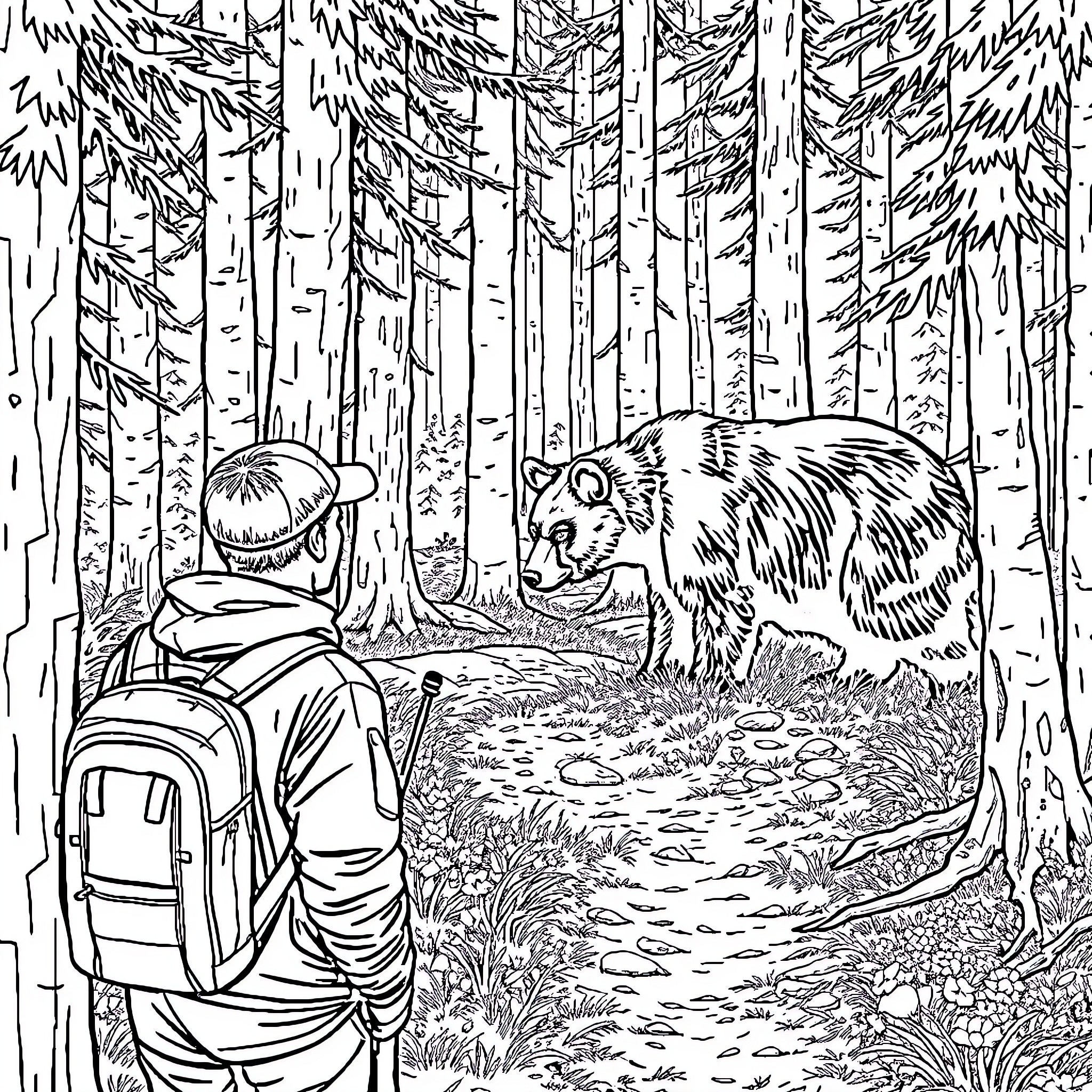 Husband hiking through the peaceful forest with a bear Coloring Page (free black-and-white line drawing printable PDF for all, from beginners to advanced learners, including children, teens, adults, and seniors)