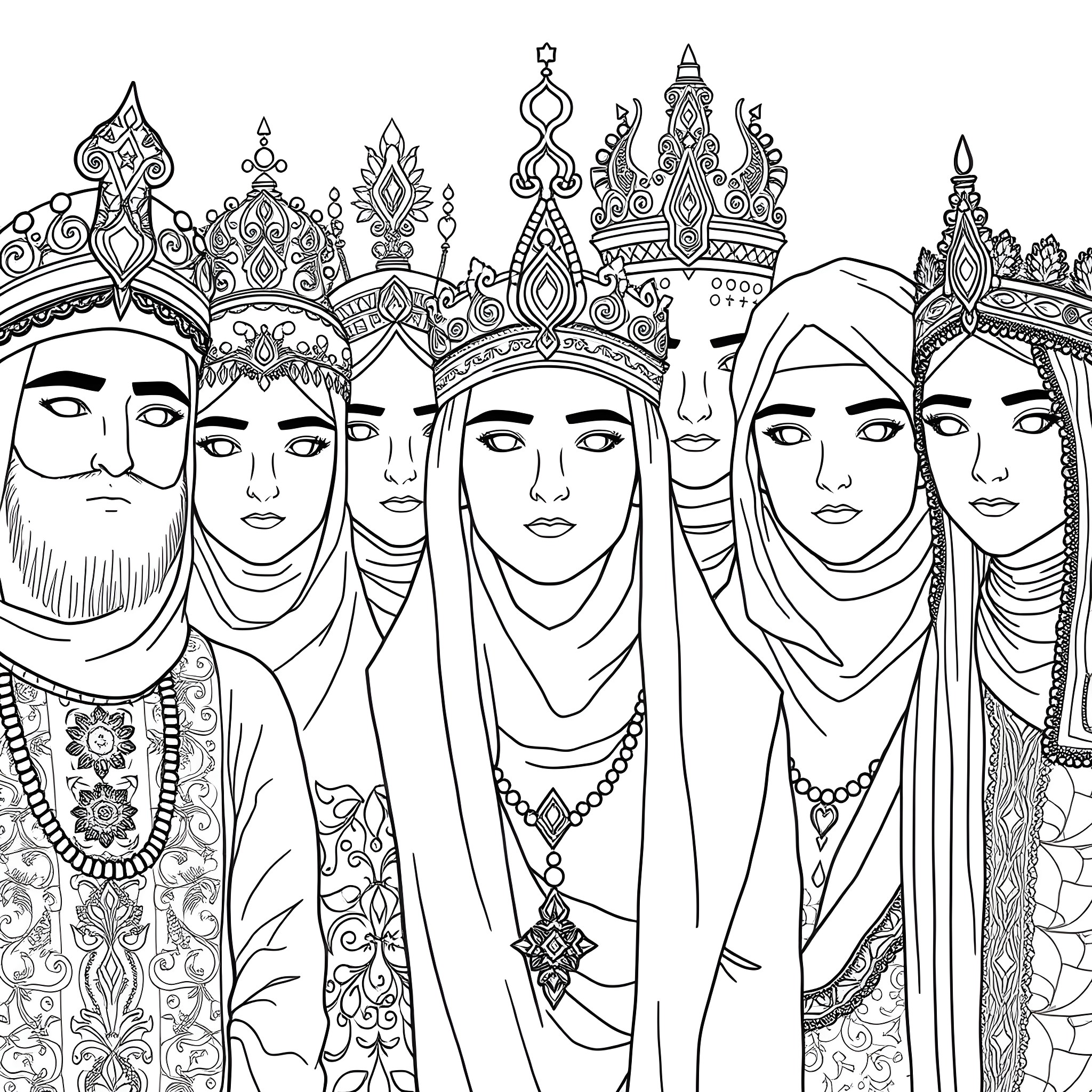 People in ornate traditional attire and headdresses Coloring Page (free black-and-white line drawing printable PDF for all, from beginners to advanced learners, including children, teens, adults, and seniors)
