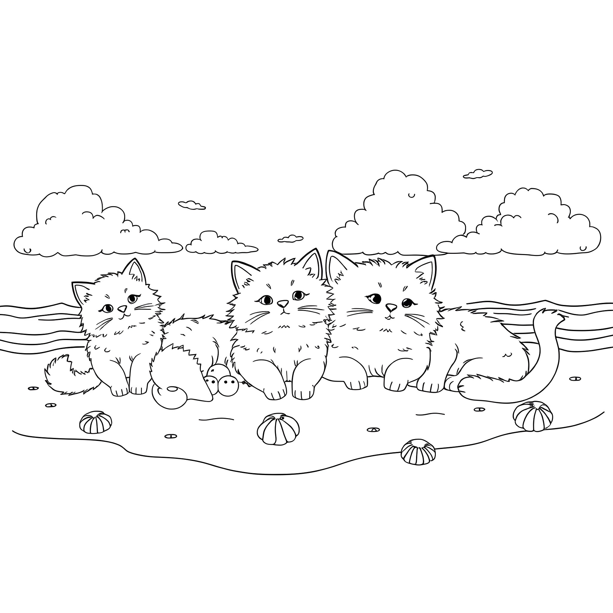 Cat family relaxing on the beach Coloring Page (free black-and-white line drawing printable PDF for all, from beginners to advanced learners, including children, teens, adults, and seniors)