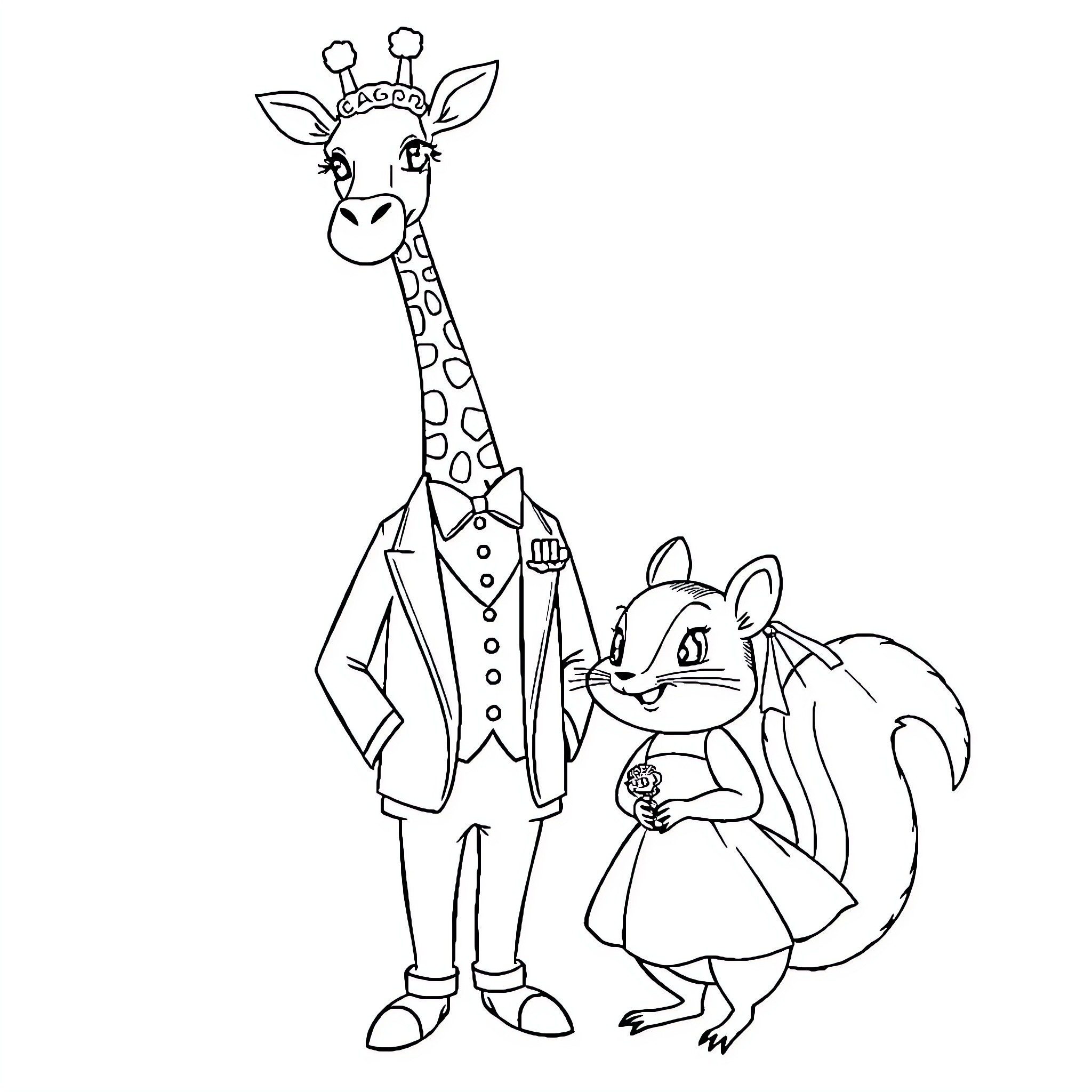 Giraffe and squirrel in formal attire Coloring Page (free black-and-white line drawing printable PDF for all, from beginners to advanced learners, including children, teens, adults, and seniors)