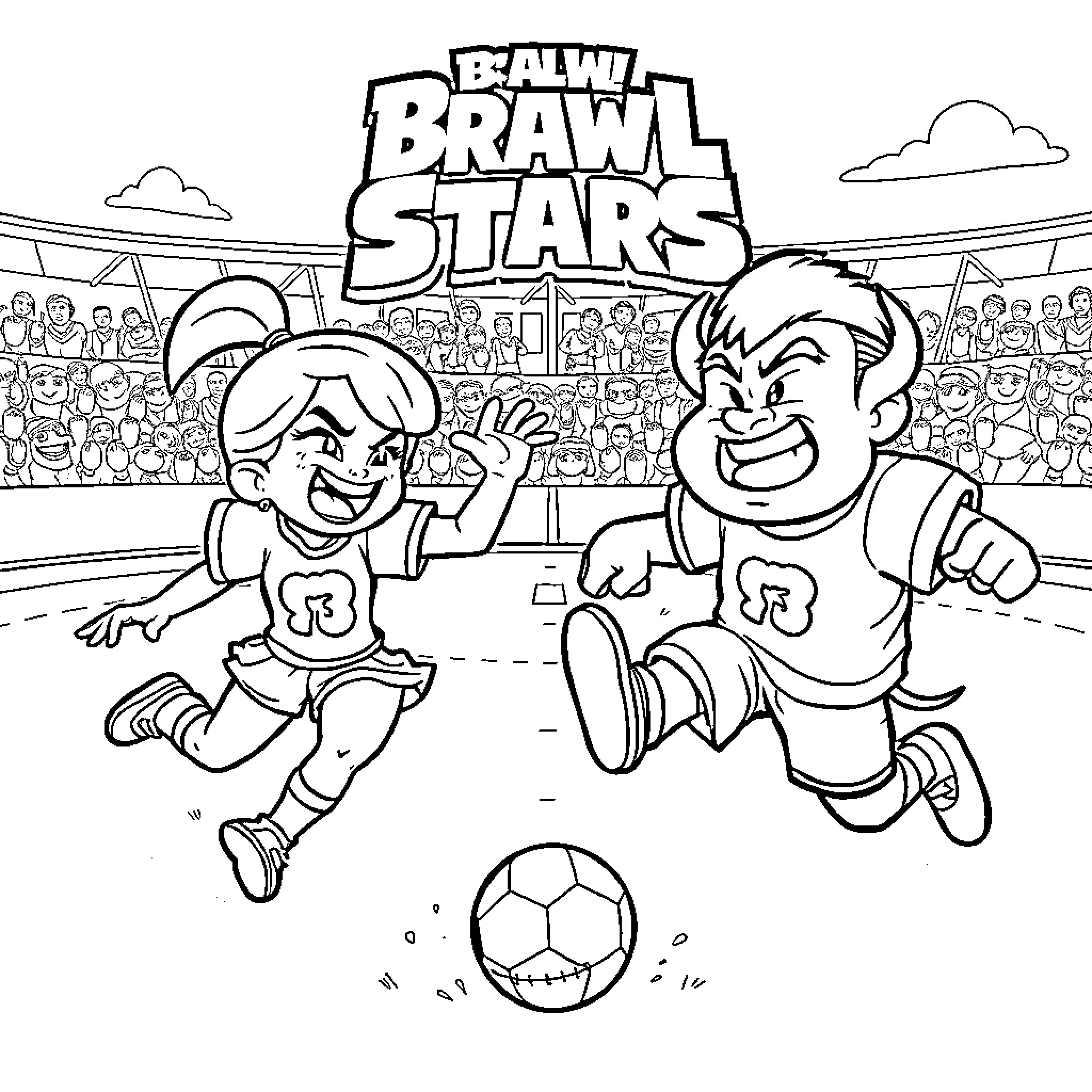 Brawl Stars characters playing soccer in the stadium Coloring Page (free black-and-white line drawing printable PDF for all, from beginners to advanced learners, including children, teens, adults, and seniors)