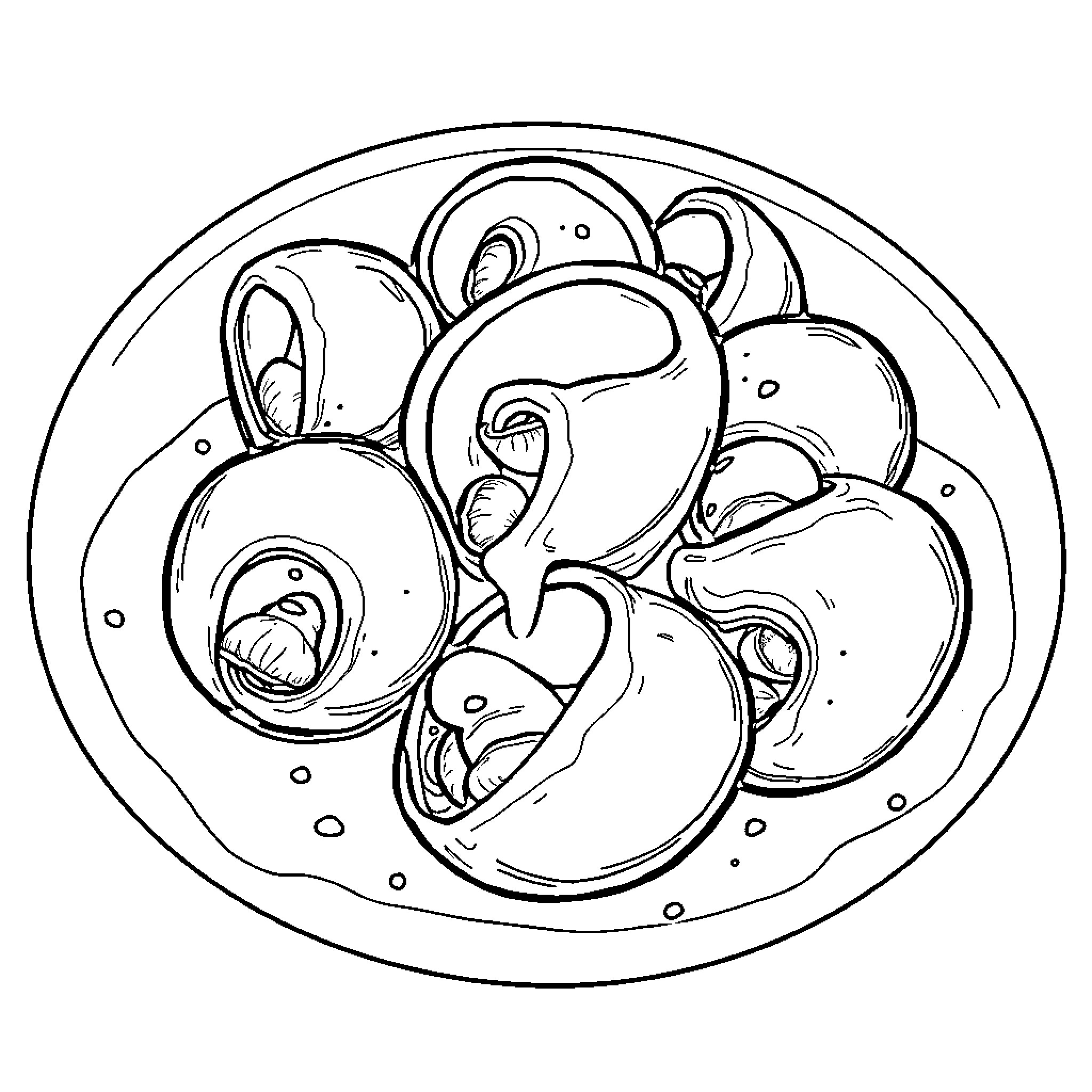 Escargot dish with tasty snails Coloring Page (free black-and-white line drawing printable PDF for all, from beginners to advanced learners, including children, teens, adults, and seniors)