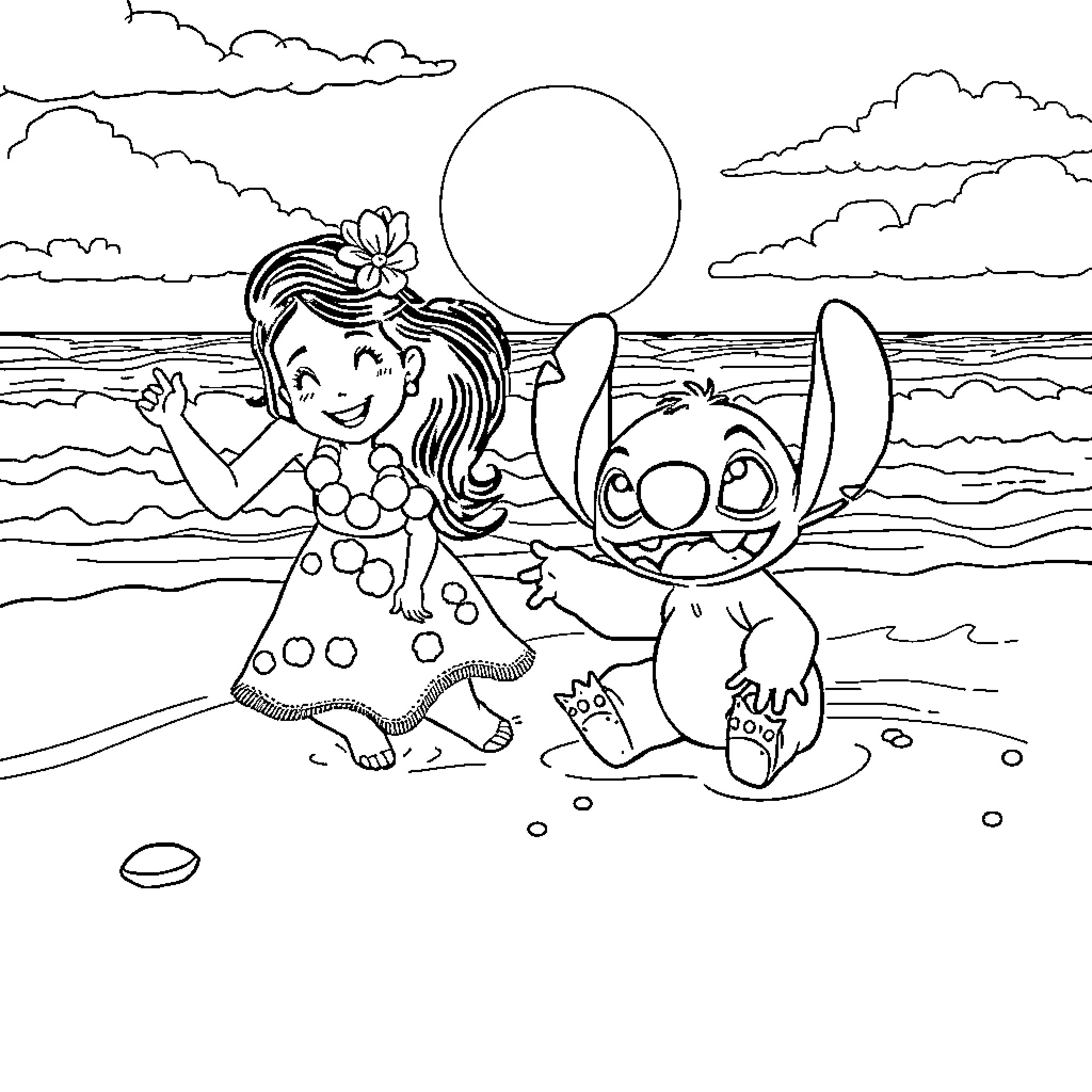 Lilo and Stitch playing happily on the beach Coloring Page (free black-and-white line drawing printable PDF for all, from beginners to advanced learners, including children, teens, adults, and seniors)