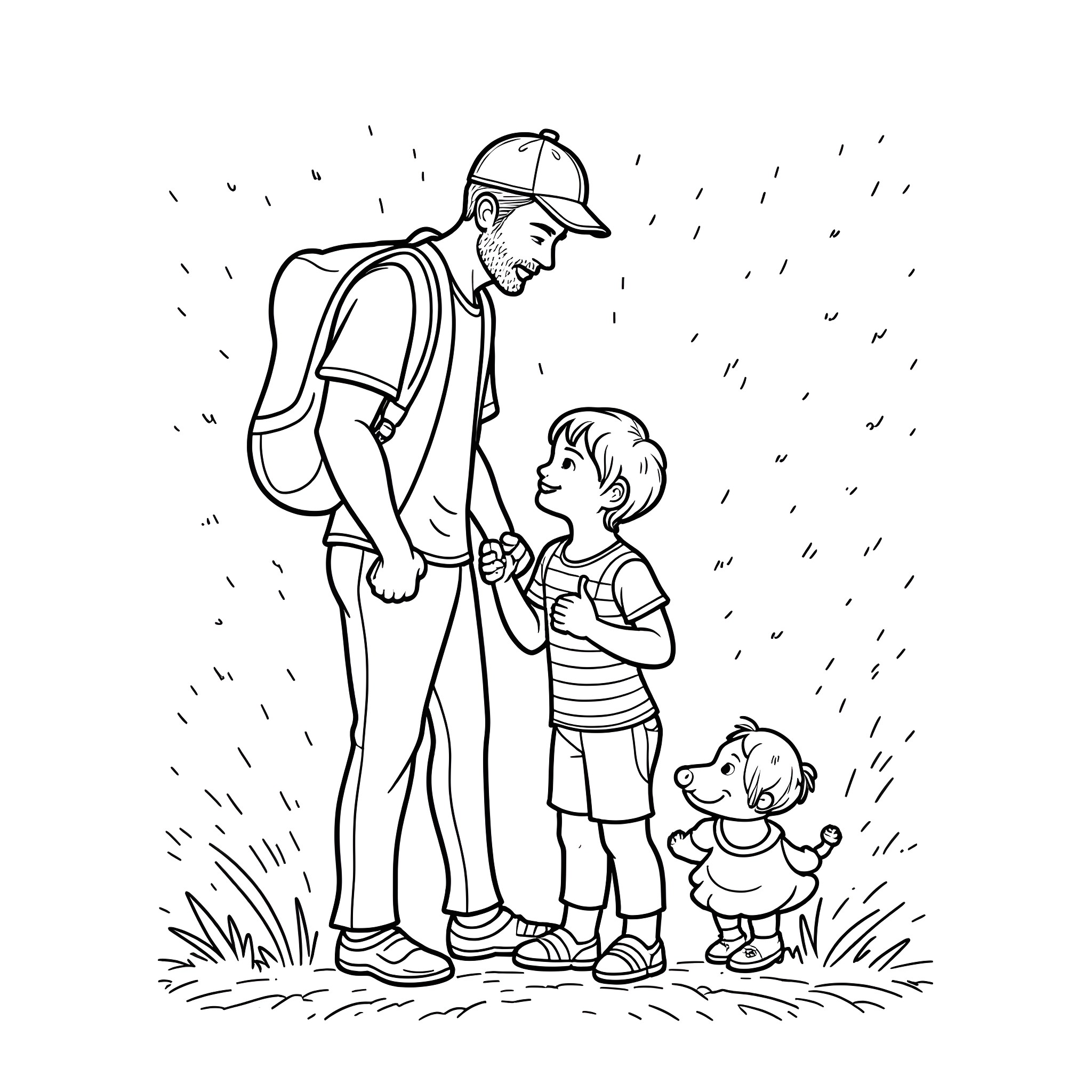 Father's Day bonding with child and pet Coloring Page (free black-and-white line drawing printable PDF for all, from beginners to advanced learners, including children, teens, adults, and seniors)