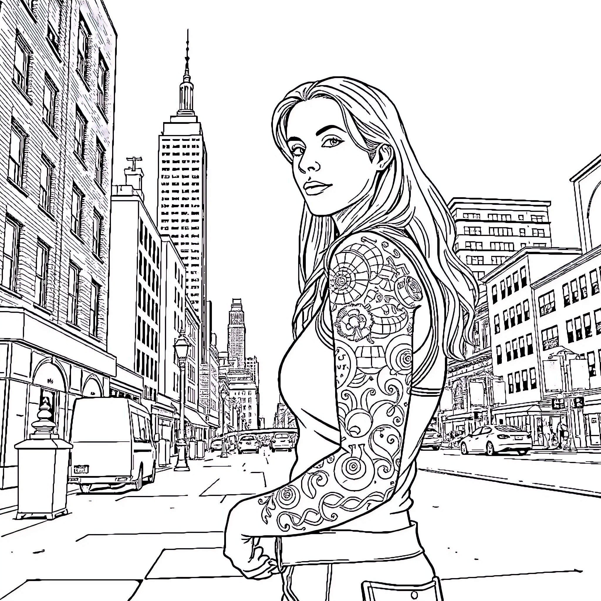 Aquarius woman in urban city landscape Coloring Page (free black-and-white line drawing printable PDF for all, from beginners to advanced learners, including children, teens, adults, and seniors)