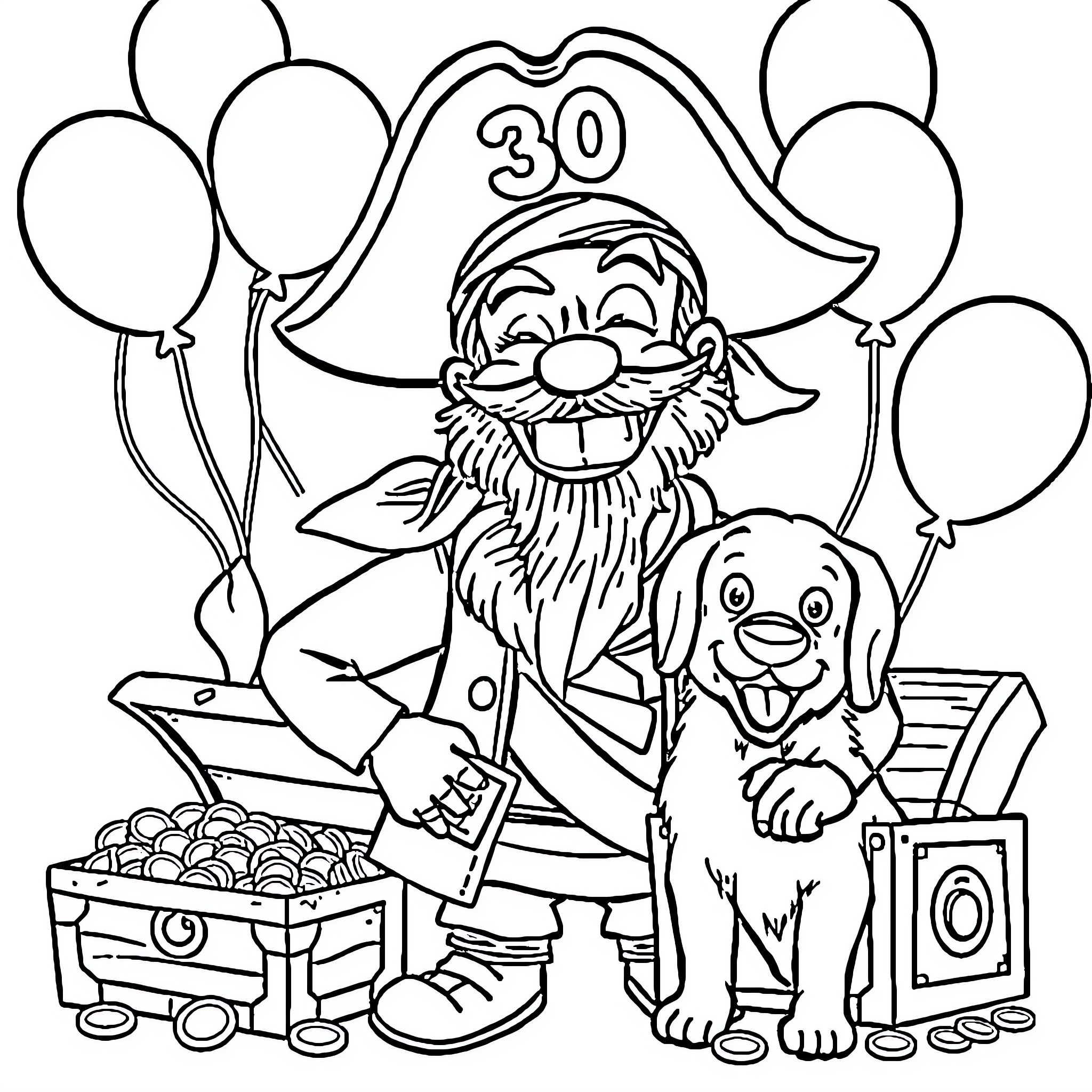 Pirate celebrating 30th birthday with balloons and pets Coloring Page (free black-and-white line drawing printable PDF for all, from beginners to advanced learners, including children, teens, adults, and seniors)