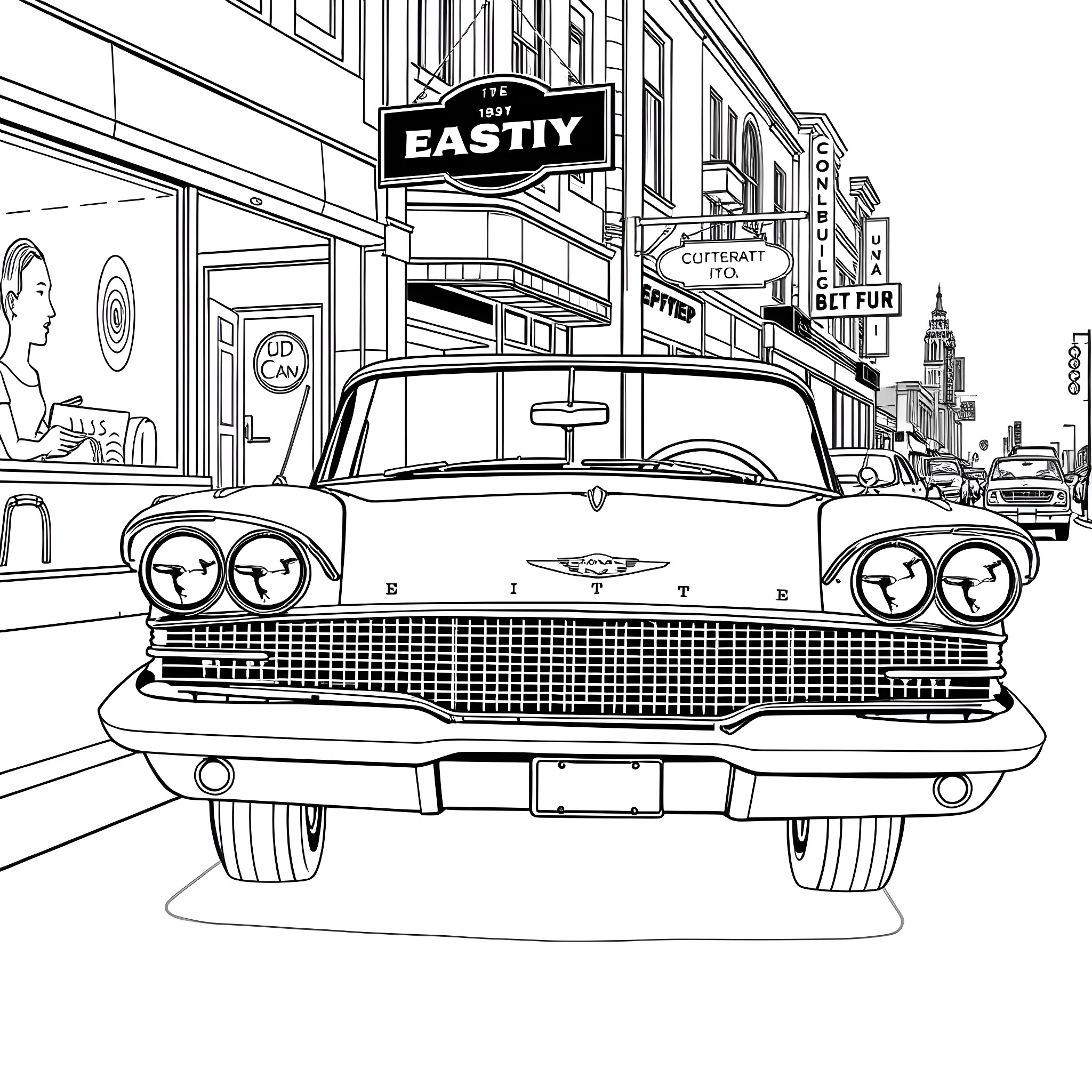 Edsel vintage car in city street scene Coloring Page (free black-and-white line drawing printable PDF for all, from beginners to advanced learners, including children, teens, adults, and seniors)