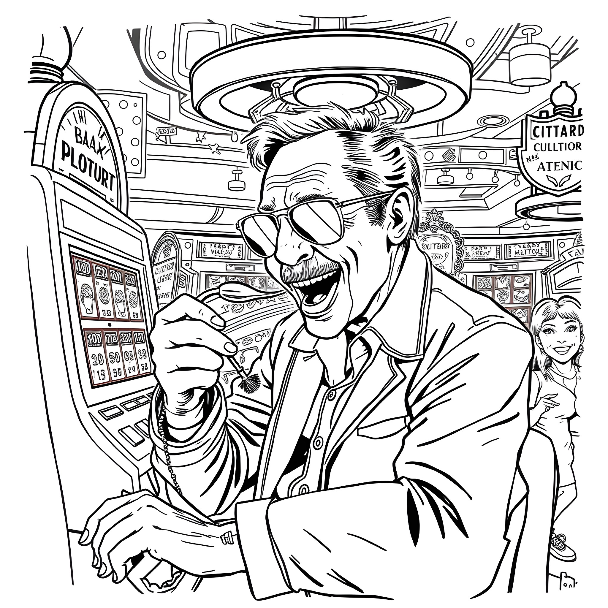 Hunter S. Thompson's Eccentric Gambling Adventure Coloring Page (free black-and-white line drawing printable PDF for all, from beginners to advanced learners, including children, teens, adults, and seniors)