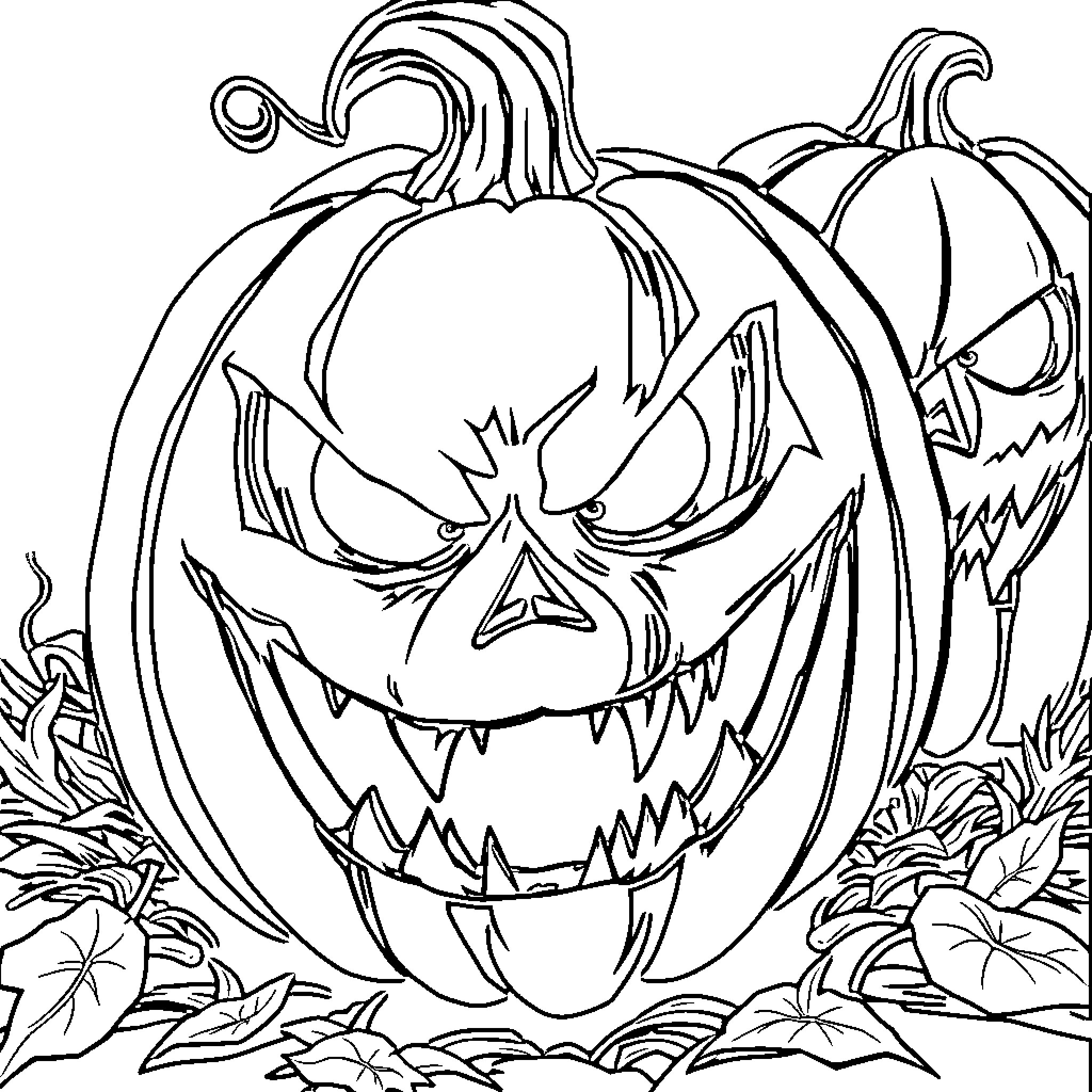 Pumpkin with a Frightening Expression Coloring Page (free black-and-white line drawing printable PDF for all, from beginners to advanced learners, including children, teens, adults, and seniors)