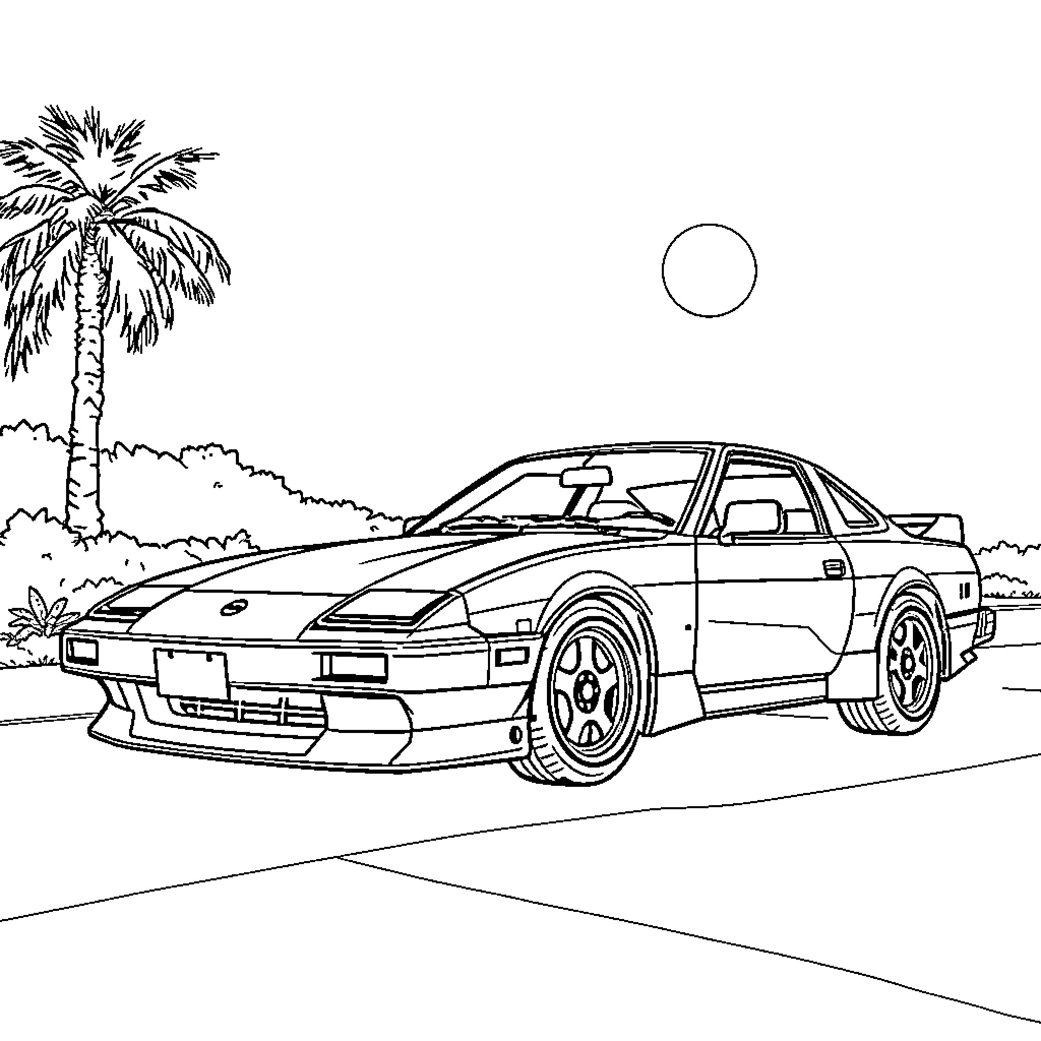 Nissan sports car driving on coastal road Coloring Page (free black-and-white line drawing printable PDF for all, from beginners to advanced learners, including children, teens, adults, and seniors)