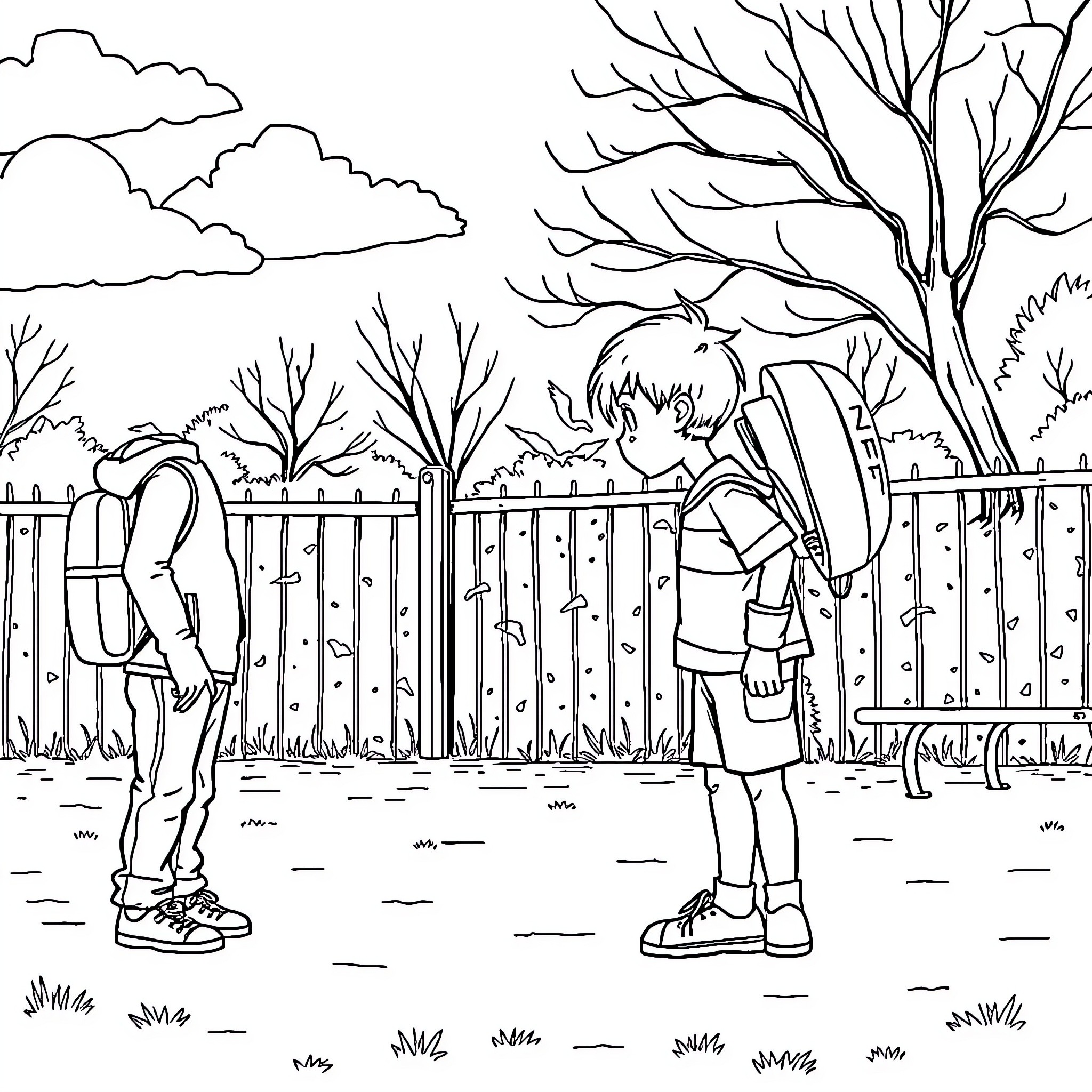 Boy playing with a friend in the backyard Coloring Page (free black-and-white line drawing printable PDF for all, from beginners to advanced learners, including children, teens, adults, and seniors)