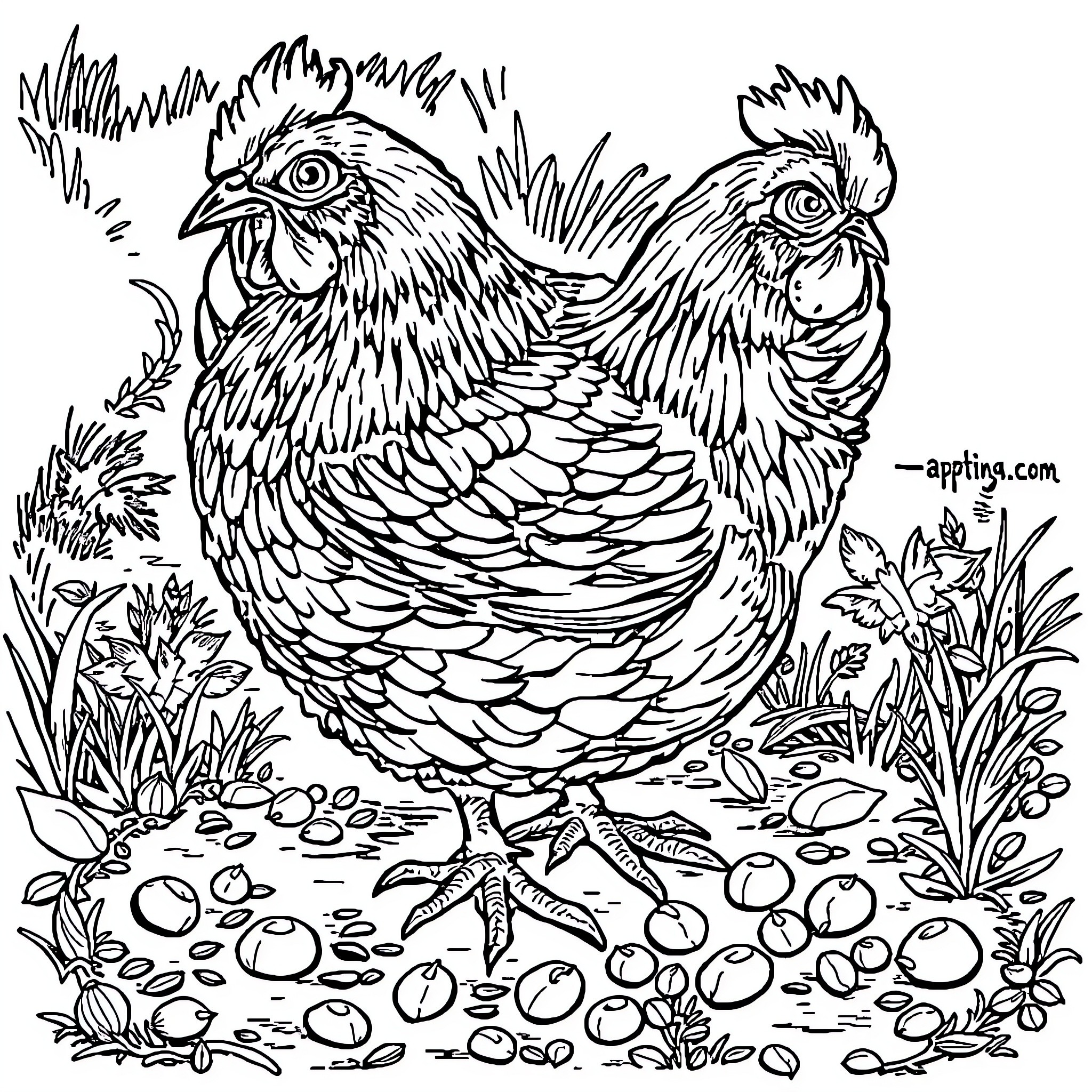Chickens foraging in the grass Coloring Page (free black-and-white line drawing printable PDF for all, from beginners to advanced learners, including children, teens, adults, and seniors)