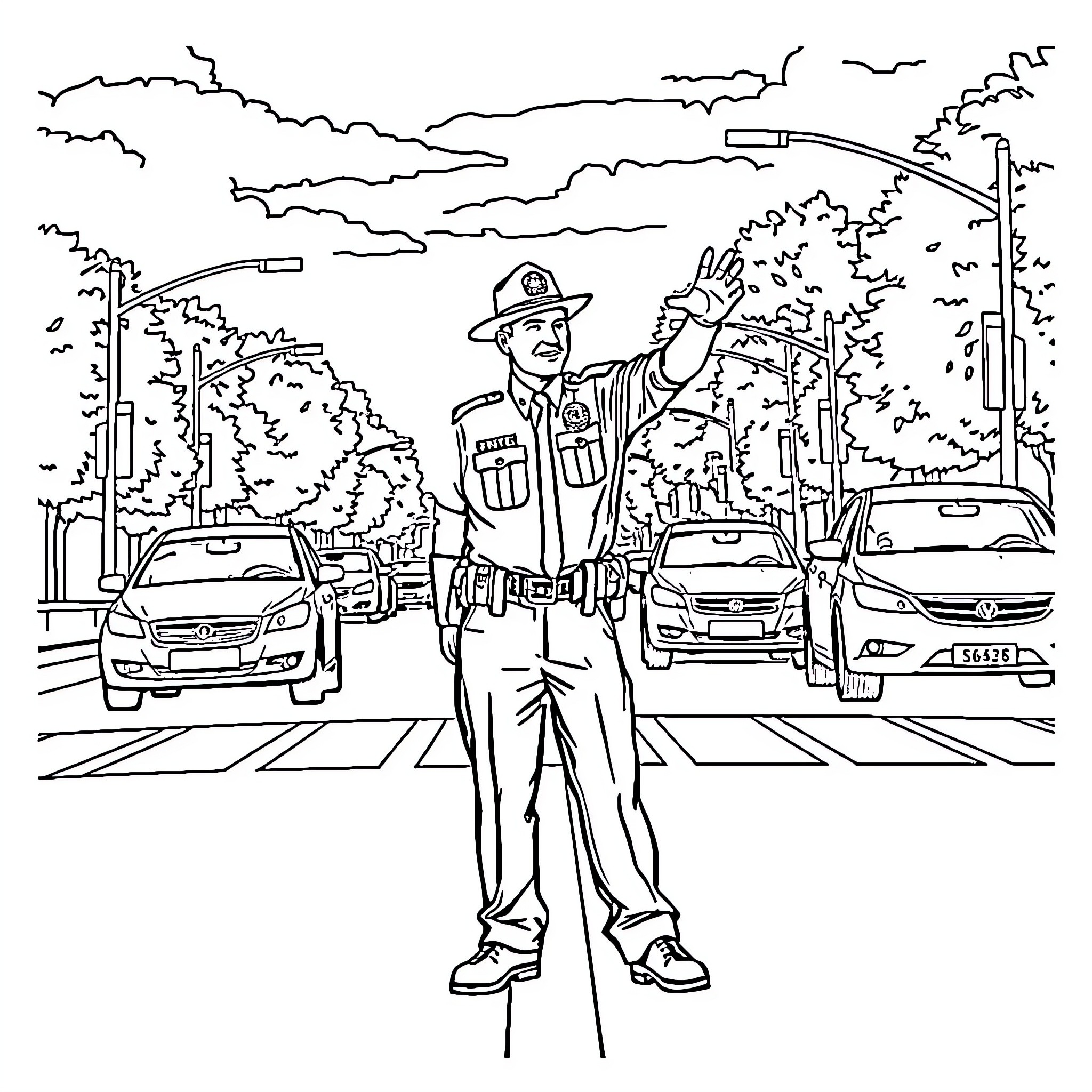 Trooper directing traffic at a busy intersection Coloring Page (free black-and-white line drawing printable PDF for all, from beginners to advanced learners, including children, teens, adults, and seniors)