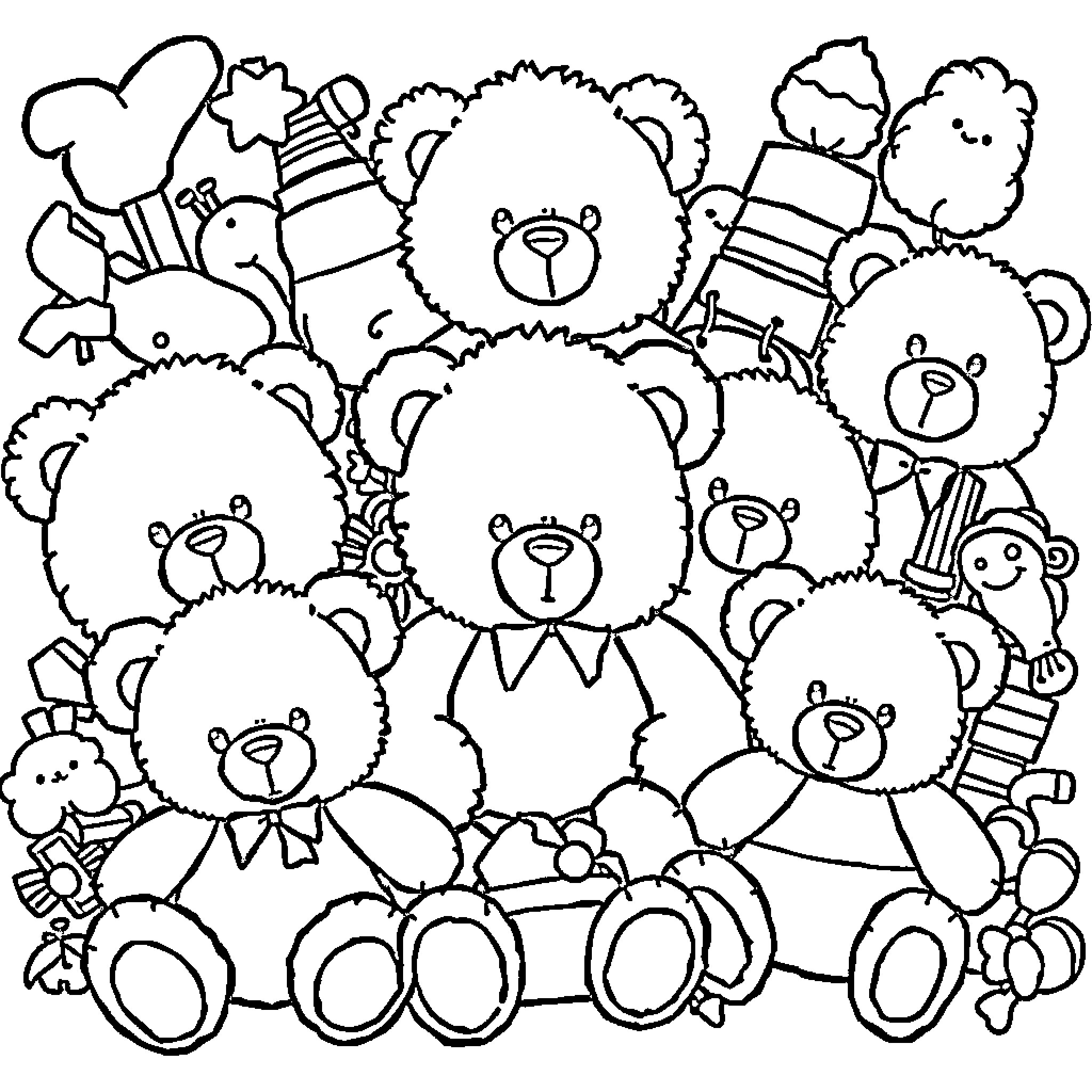 Stuff with lots of adorable teddy bears Coloring Page (free black-and-white line drawing printable PDF for all, from beginners to advanced learners, including children, teens, adults, and seniors)