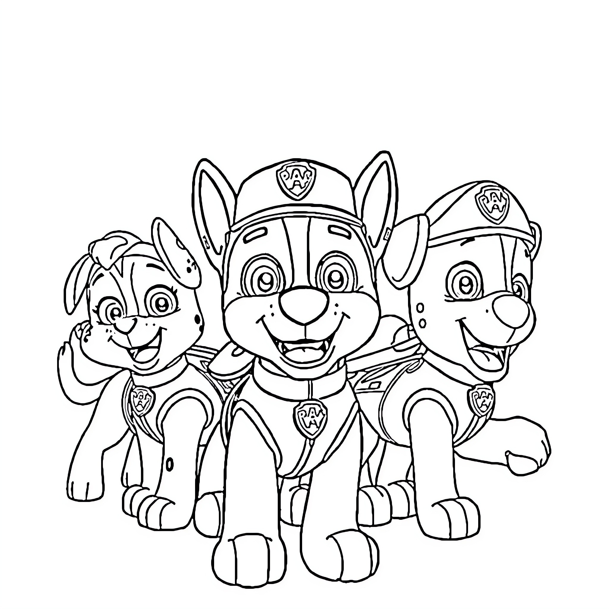 Paw Patrol puppies in uniform ready for action Coloring Page (free black-and-white line drawing printable PDF for all, from beginners to advanced learners, including children, teens, adults, and seniors)