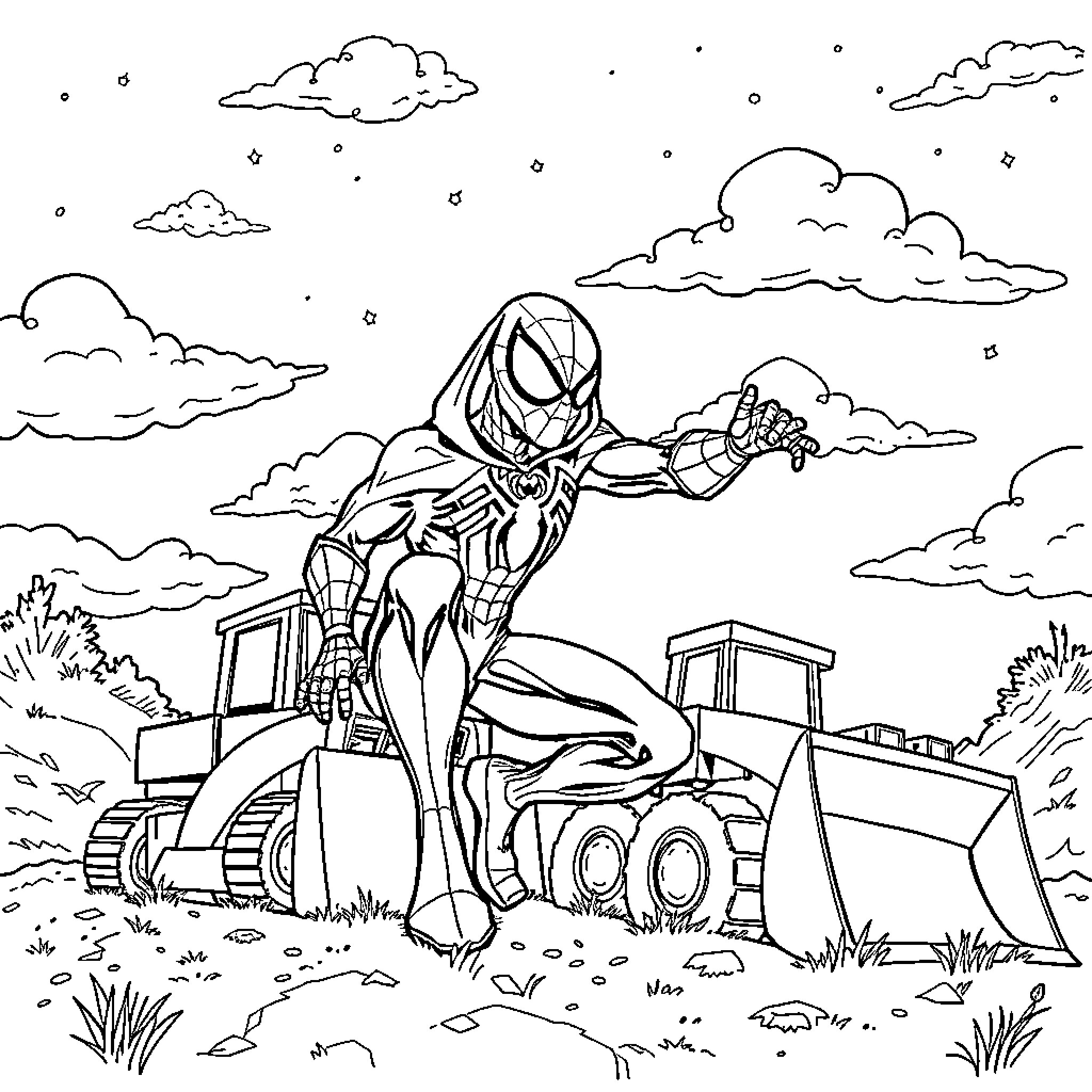 Spiderman in action with construction equipment Coloring Page (free black-and-white line drawing printable PDF for all, from beginners to advanced learners, including children, teens, adults, and seniors)