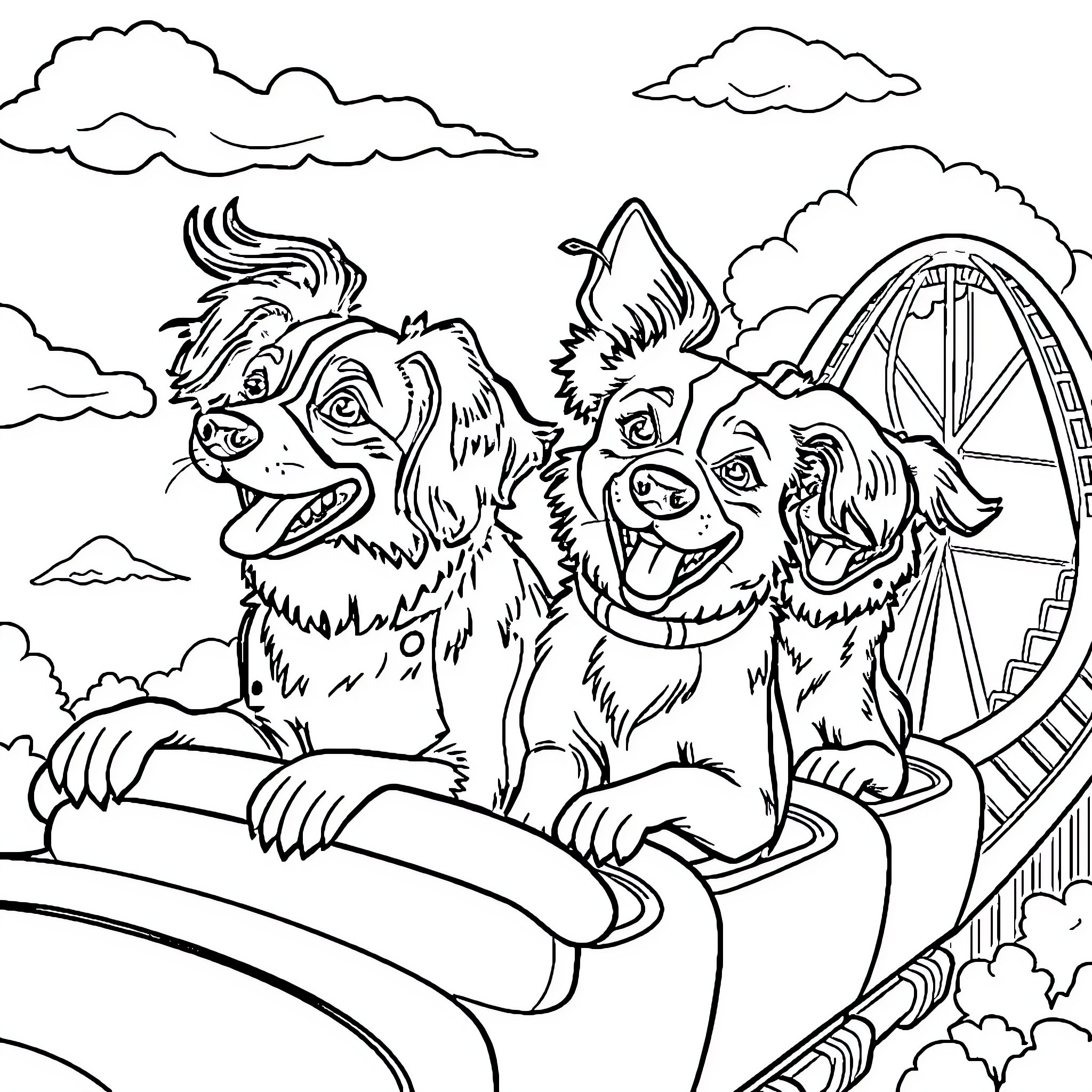 Dog friends ride roller coaster at amusement park Coloring Page (free black-and-white line drawing printable PDF for all, from beginners to advanced learners, including children, teens, adults, and seniors)