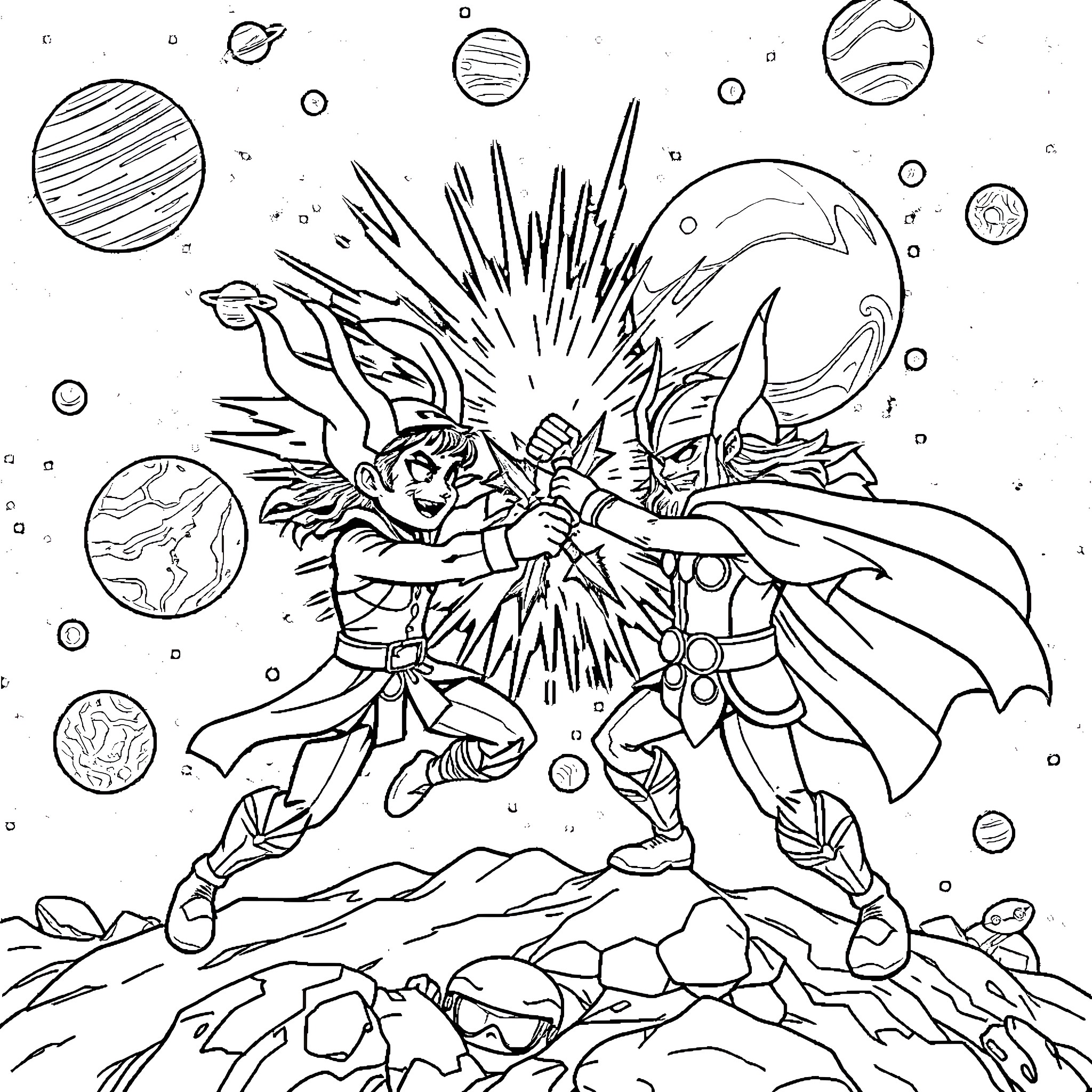 Loki Unleashing Cosmic Power in Galactic Battle Coloring Page (free black-and-white line drawing printable PDF for all, from beginners to advanced learners, including children, teens, adults, and seniors)