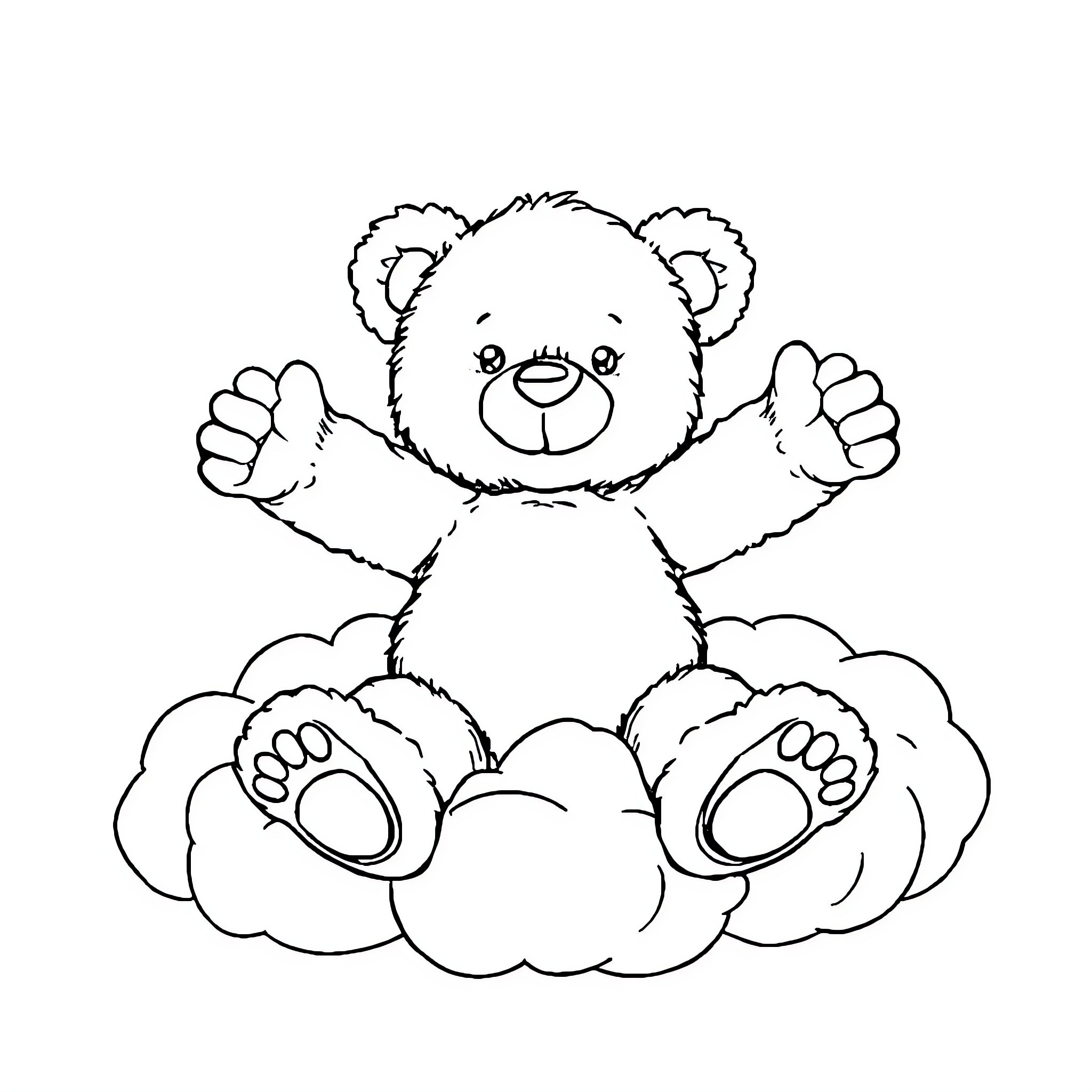 Teddy Bear sitting on the clouds Coloring Page (free black-and-white line drawing printable PDF for all, from beginners to advanced learners, including children, teens, adults, and seniors)