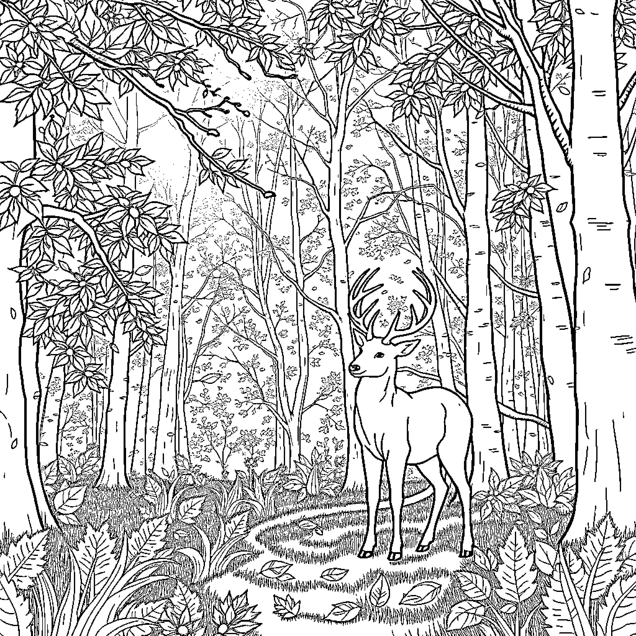 Deer standing in the enchanted forest Coloring Page (free black-and-white line drawing printable PDF for all, from beginners to advanced learners, including children, teens, adults, and seniors)