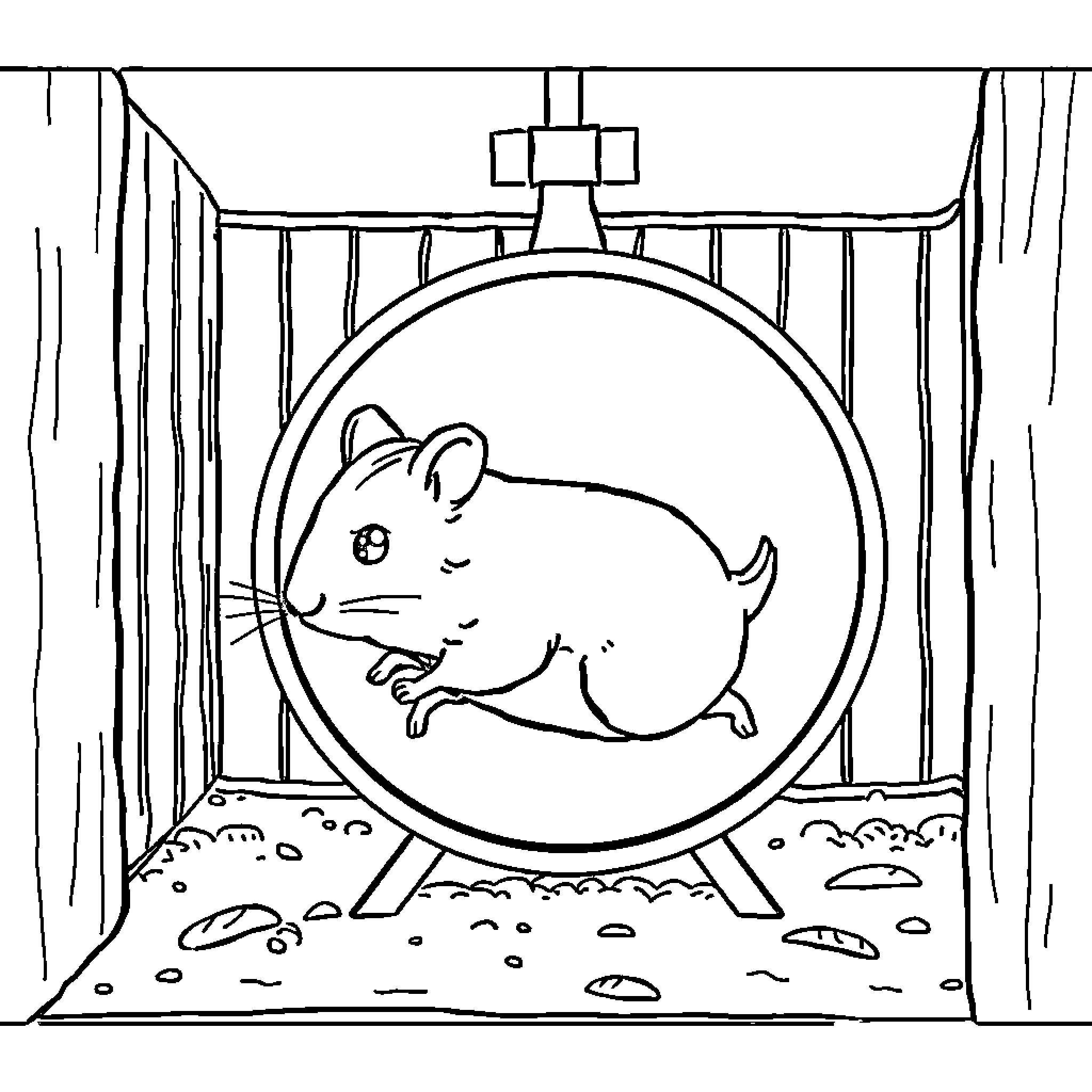 Hamster running on a wheel in its habitat Coloring Page (free black-and-white line drawing printable PDF for all, from beginners to advanced learners, including children, teens, adults, and seniors)