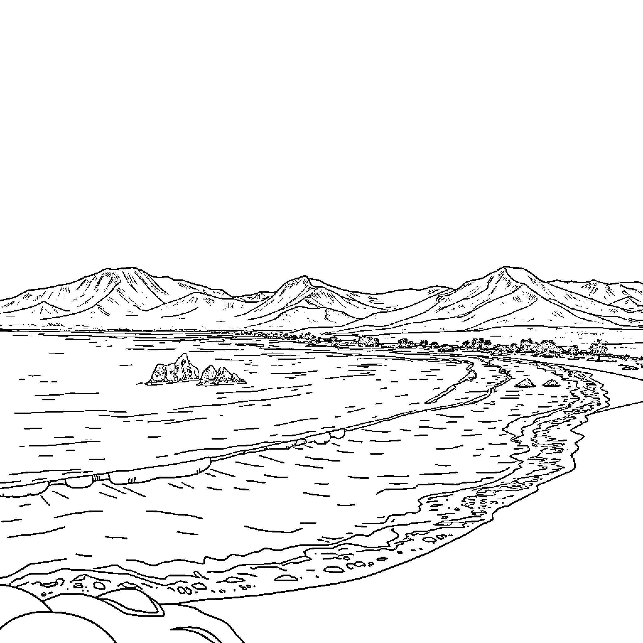 Fuerteventura landscape with sandy beach and mountain range Coloring Page (free black-and-white line drawing printable PDF for all, from beginners to advanced learners, including children, teens, adults, and seniors)
