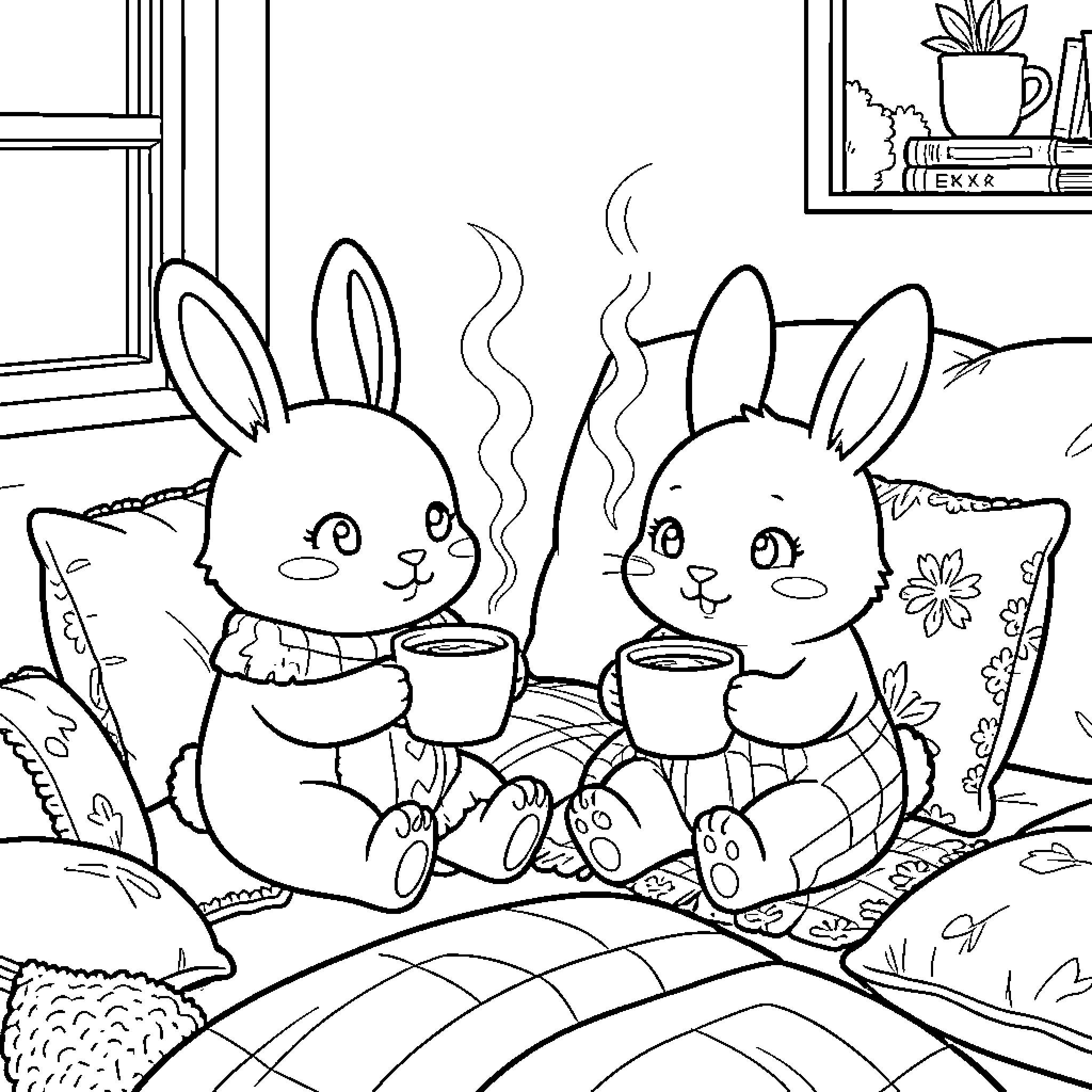 Bunny friends enjoying hot drinks together Coloring Page (free black-and-white line drawing printable PDF for all, from beginners to advanced learners, including children, teens, adults, and seniors)