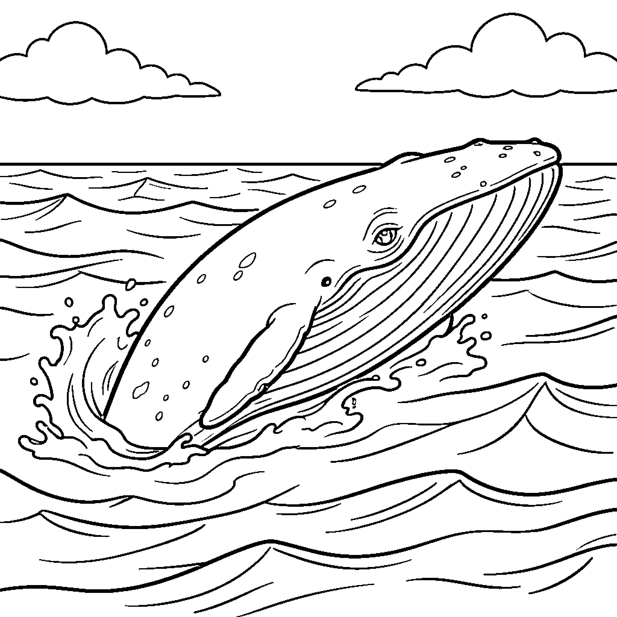 Whale jumping out of the ocean waves Coloring Page (free black-and-white line drawing printable PDF for all, from beginners to advanced learners, including children, teens, adults, and seniors)