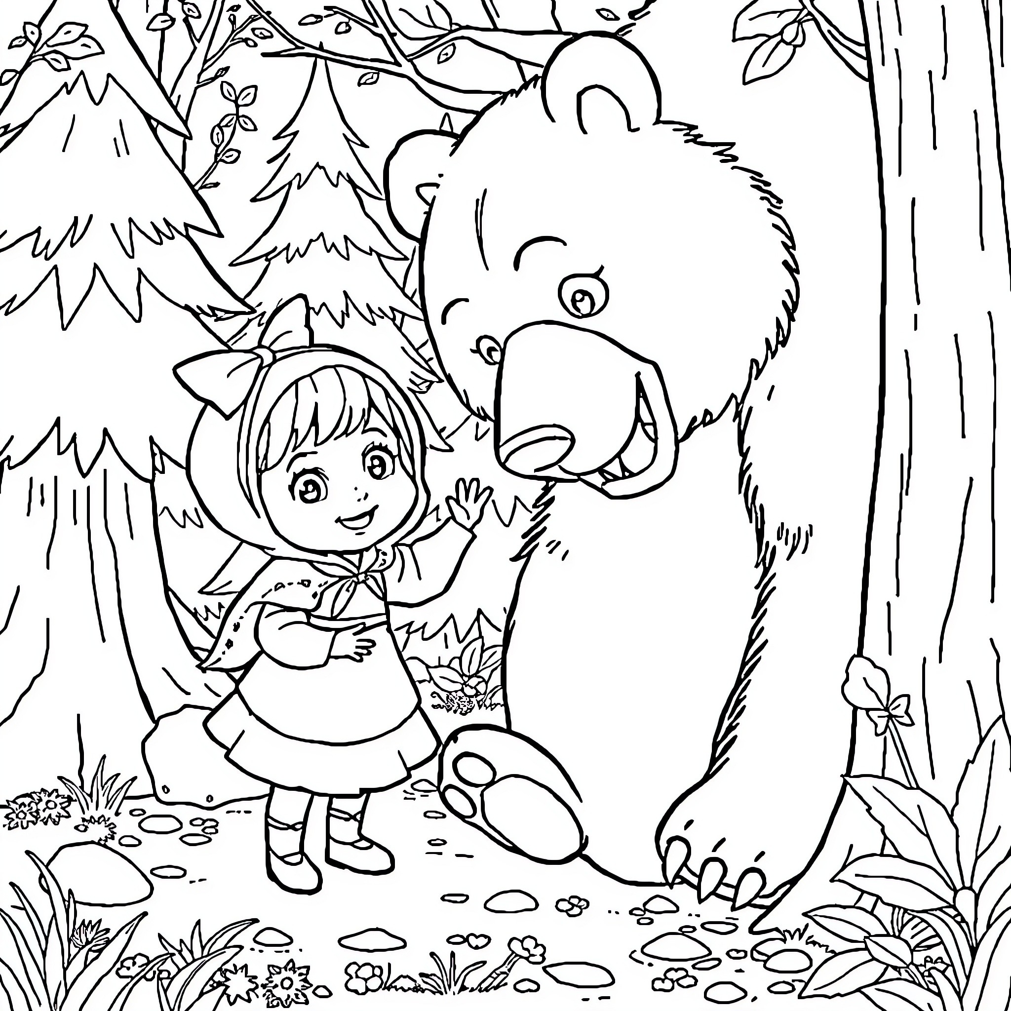 Masha's Adventure with the Curious Bear Coloring Page (free black-and-white line drawing printable PDF for all, from beginners to advanced learners, including children, teens, adults, and seniors)