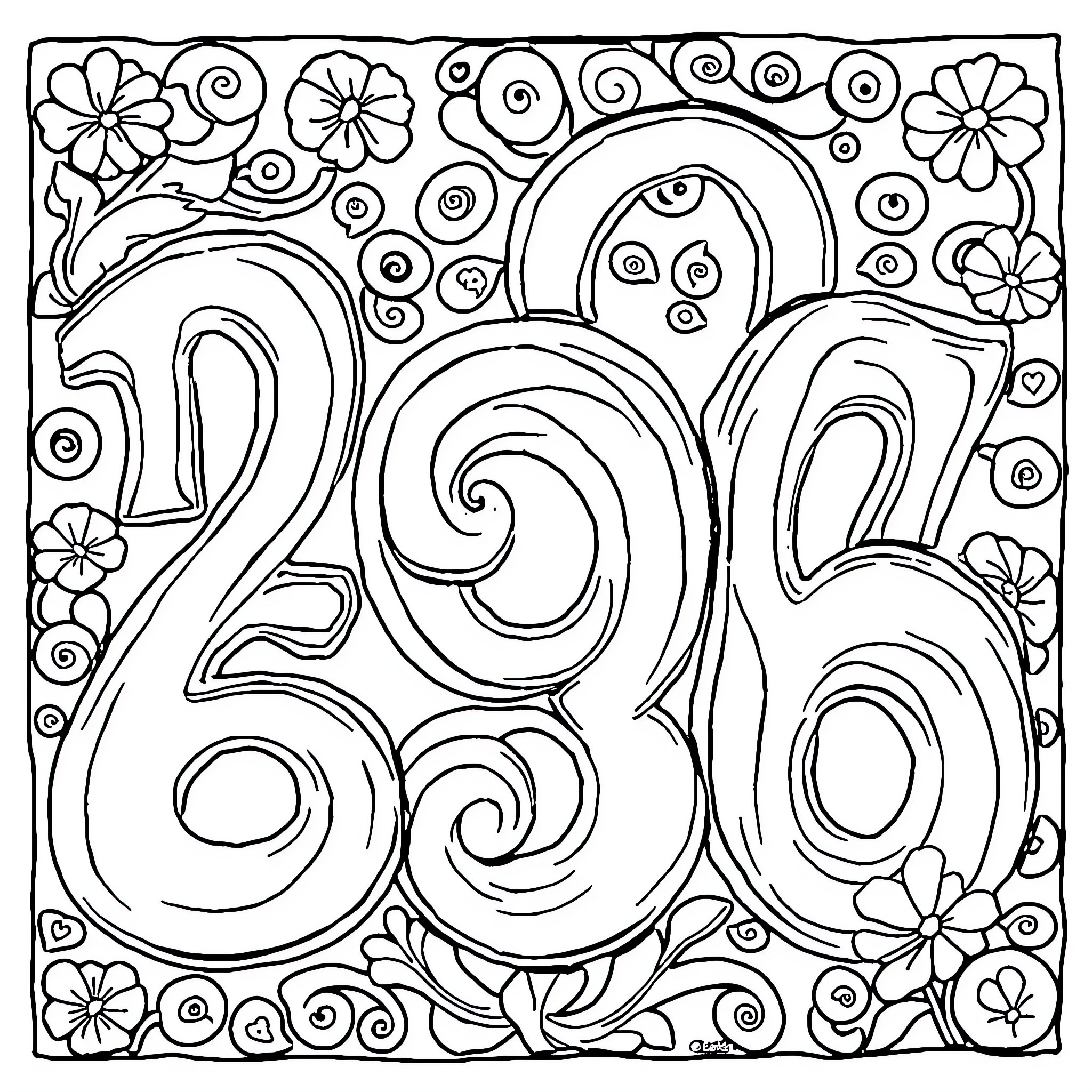 Numbers with Swirls and Flowers Coloring Page (free black-and-white line drawing printable PDF for all, from beginners to advanced learners, including children, teens, adults, and seniors)
