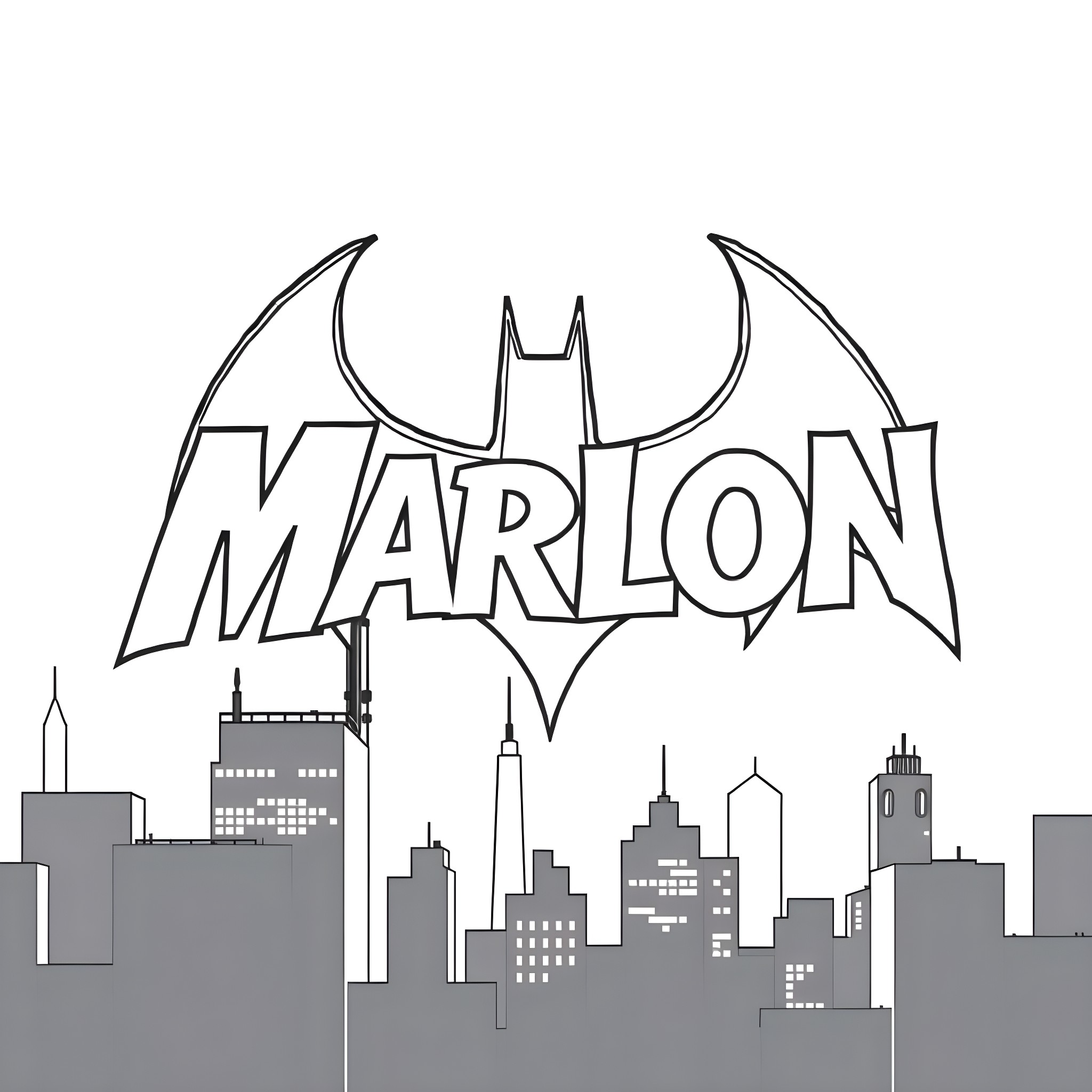 Marlon's Bat-Inspired City Adventure Coloring Page (free black-and-white line drawing printable PDF for all, from beginners to advanced learners, including children, teens, adults, and seniors)