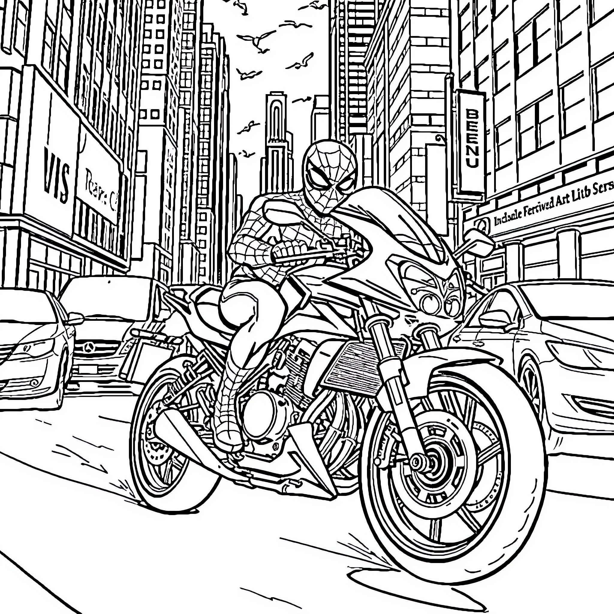 Spider-Man riding a motorcycle through the city Coloring Page (free black-and-white line drawing printable PDF for all, from beginners to advanced learners, including children, teens, adults, and seniors)