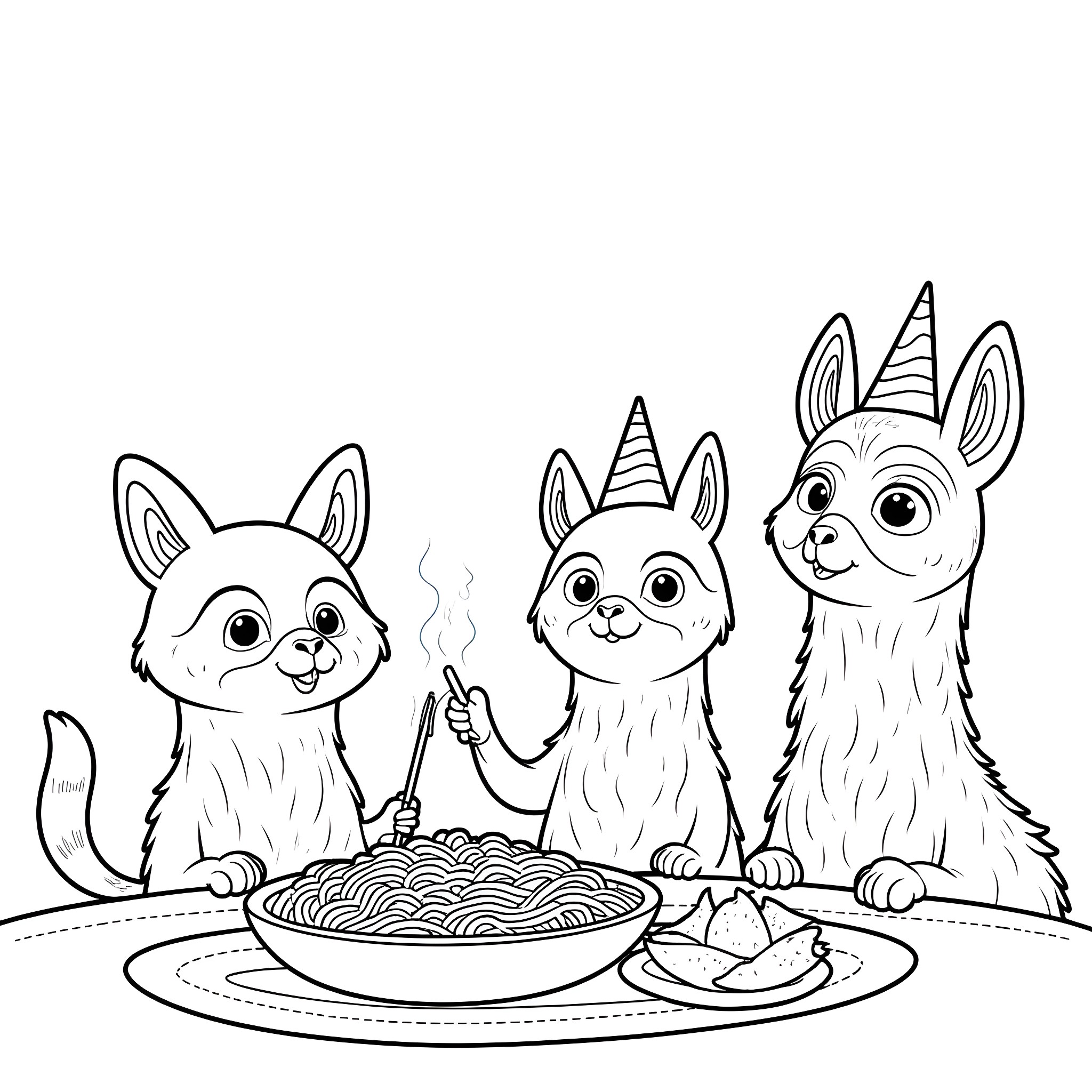 Llamas enjoying a festive meal together Coloring Page (free black-and-white line drawing printable PDF for all, from beginners to advanced learners, including children, teens, adults, and seniors)