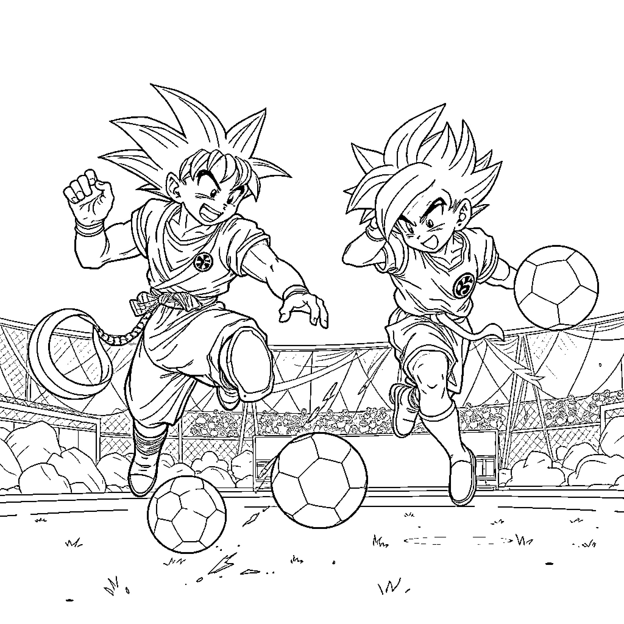 Dragon warriors playing soccer on the field Coloring Page (free black-and-white line drawing printable PDF for all, from beginners to advanced learners, including children, teens, adults, and seniors)
