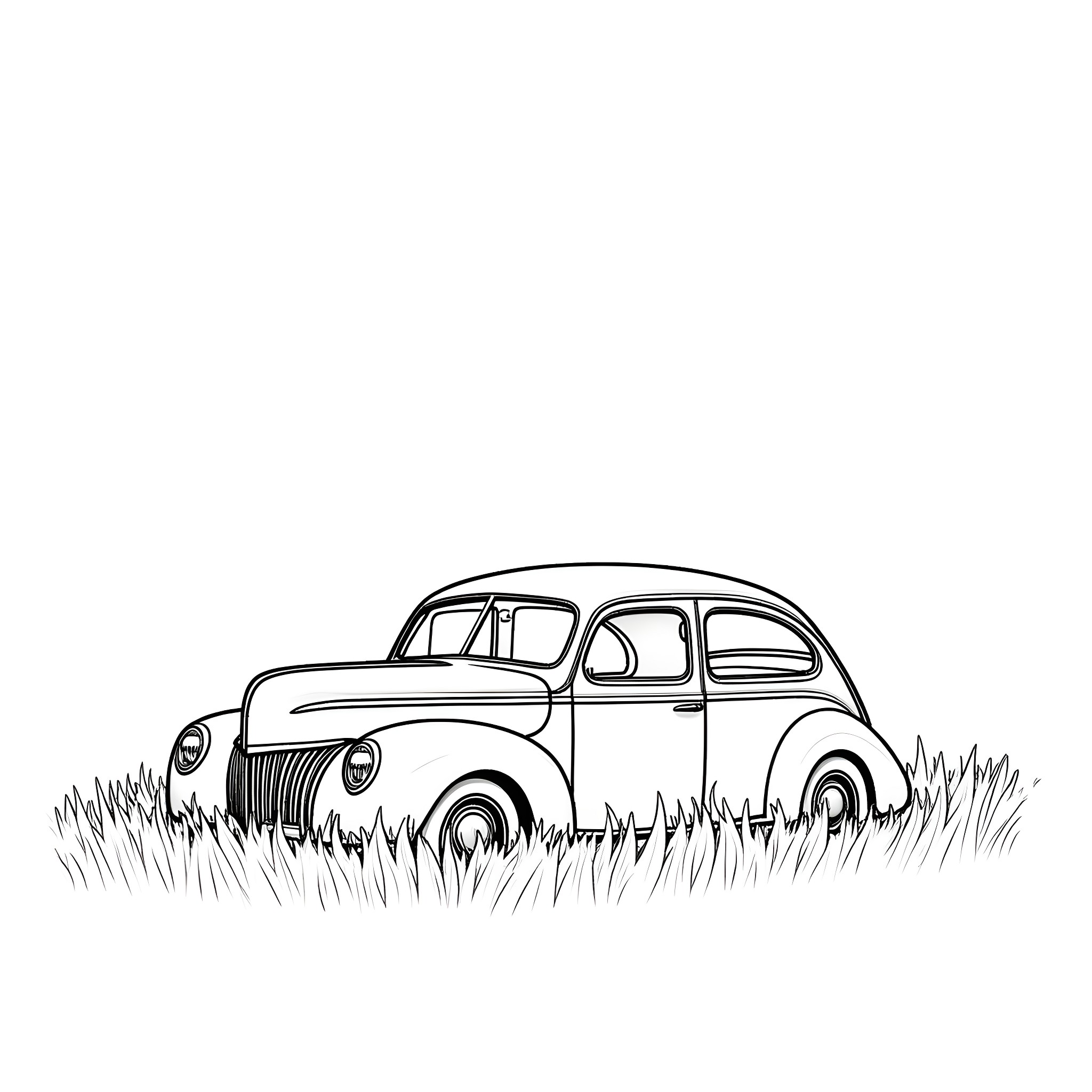 Car Parked in Grassy Field Coloring Page (free black-and-white line drawing printable PDF for all, from beginners to advanced learners, including children, teens, adults, and seniors)